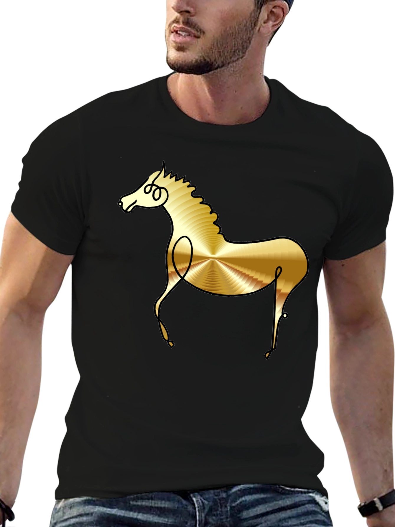 Abstract Golden Horse Graphic Black T-Shirt