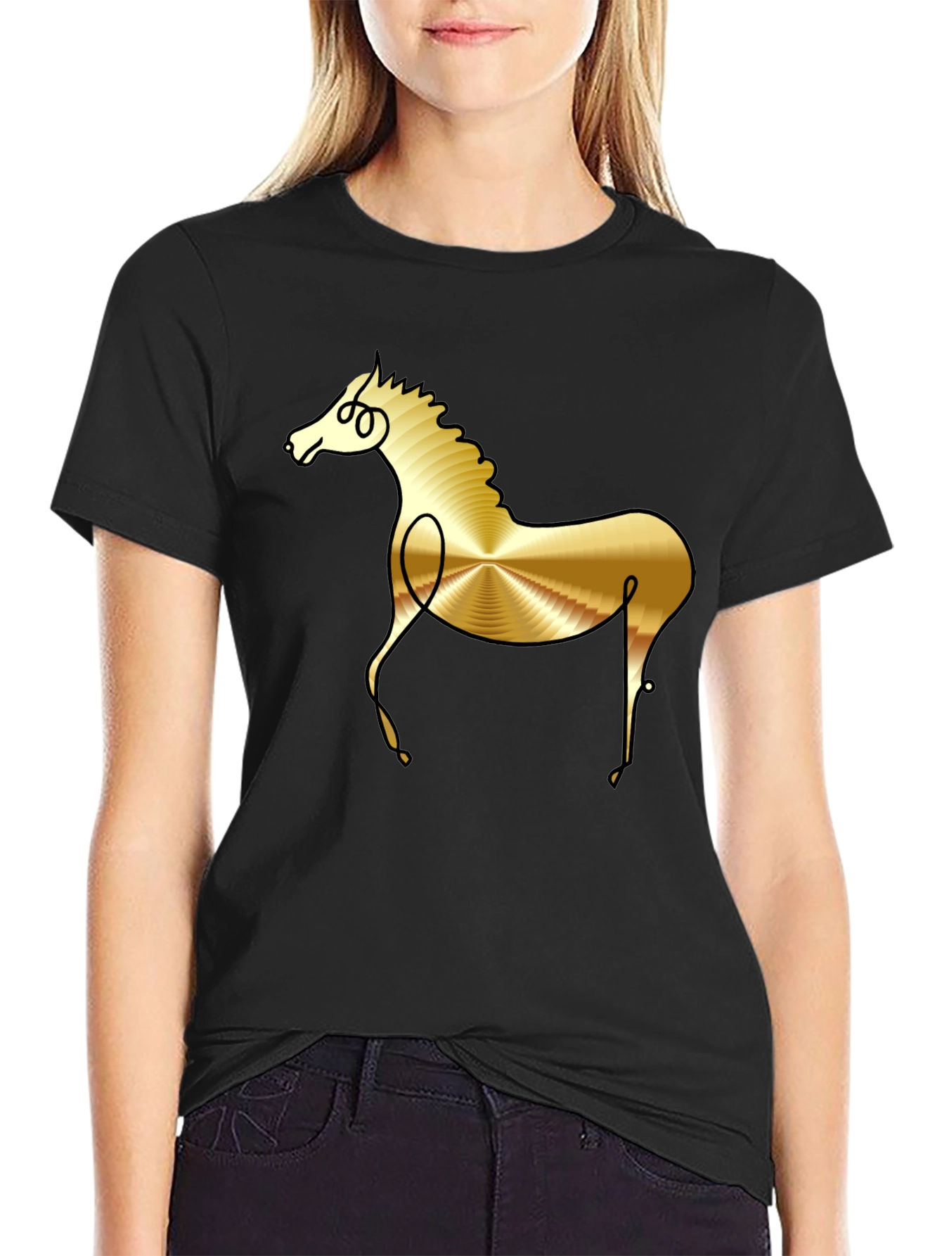 Abstract Golden Horse Graphic Black T-Shirt