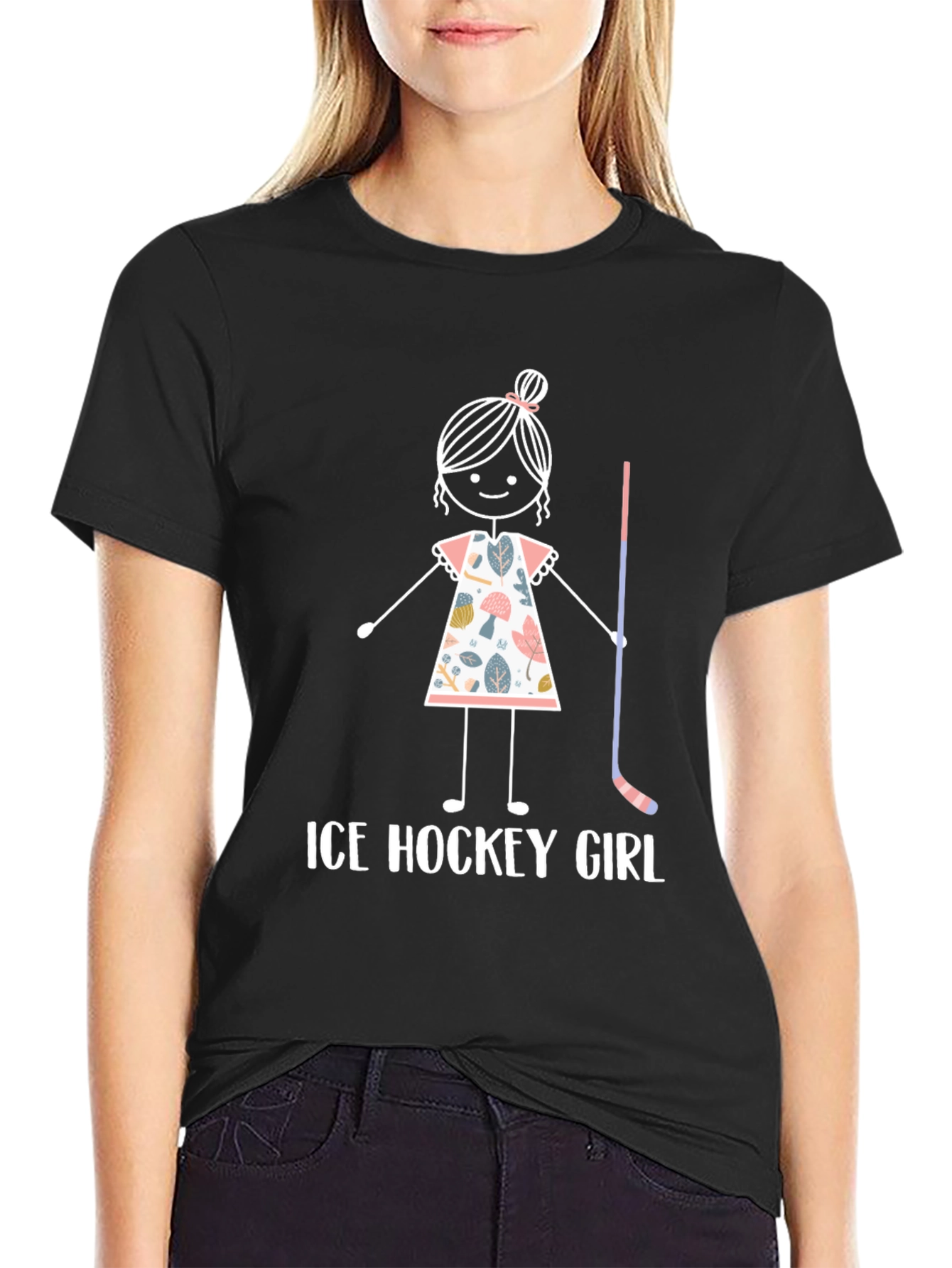 Ice Hockey Girl T-Shirt - Cute Stick Figure Design