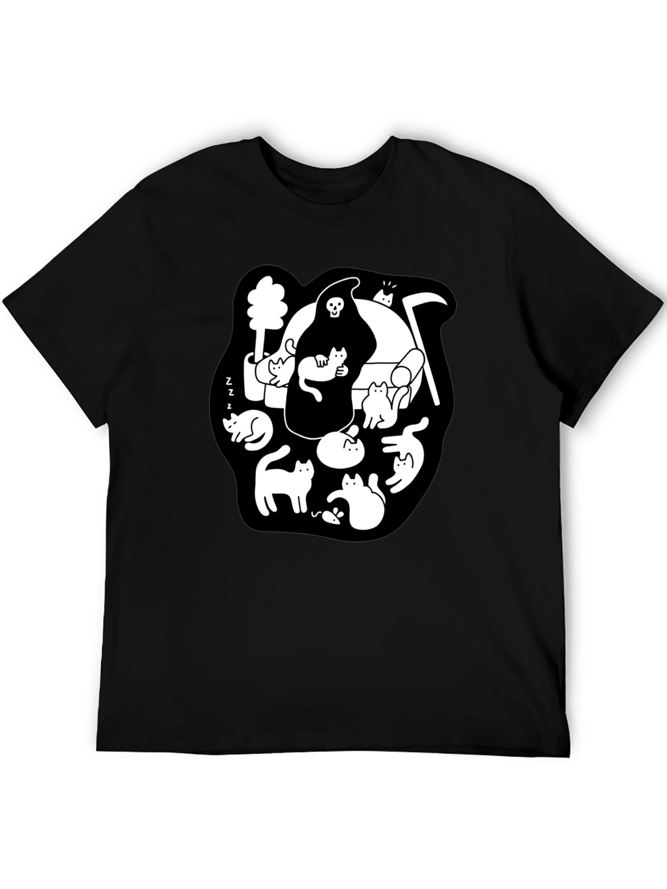 Grim Reaper & Cats Graphic Black T-Shirt