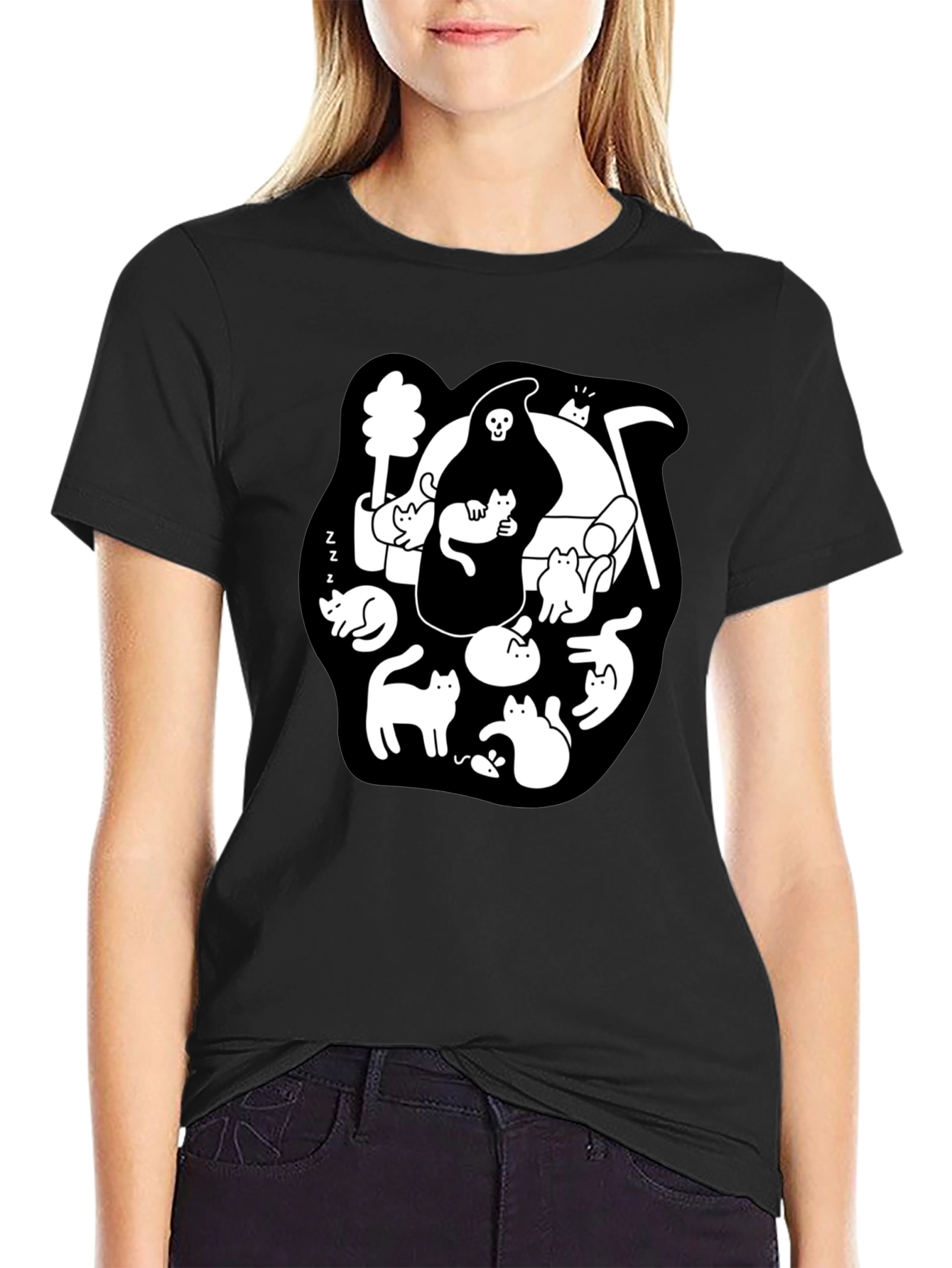 Grim Reaper & Cats Graphic Black T-Shirt