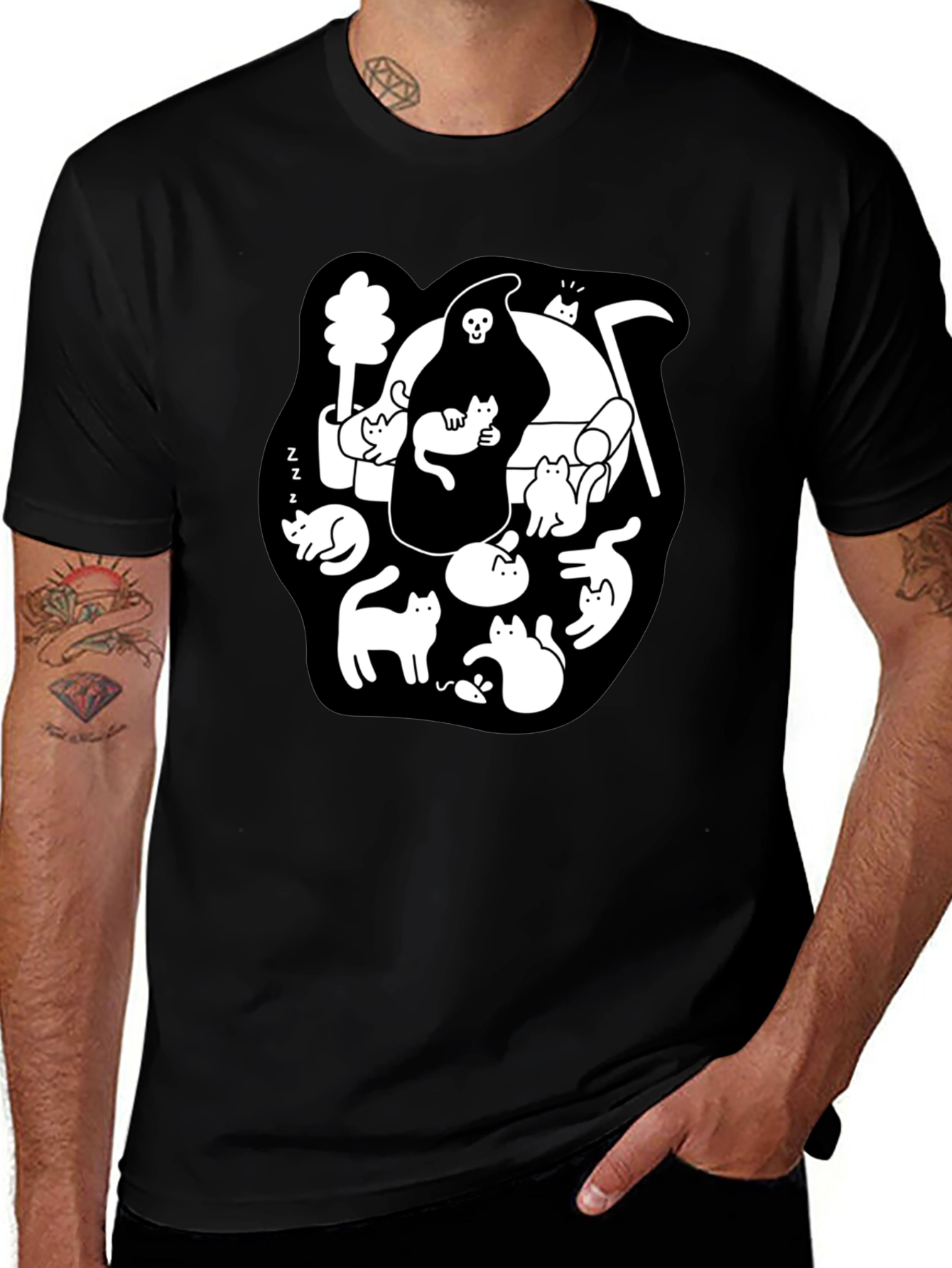 Grim Reaper & Cats Graphic Black T-Shirt