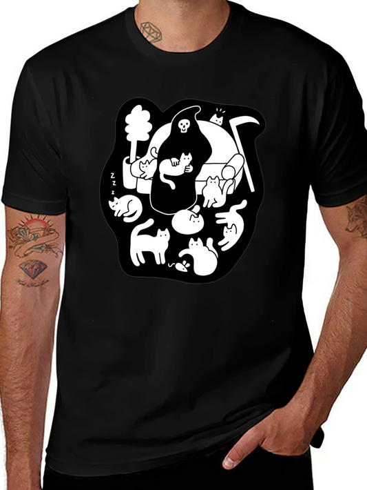 Grim Reaper & Cats Graphic Black T-Shirt