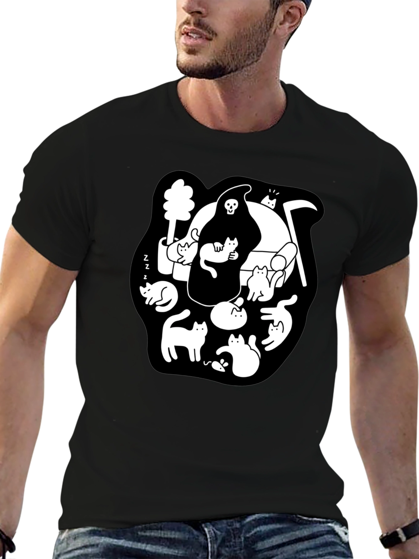 Grim Reaper & Cats Graphic Black T-Shirt