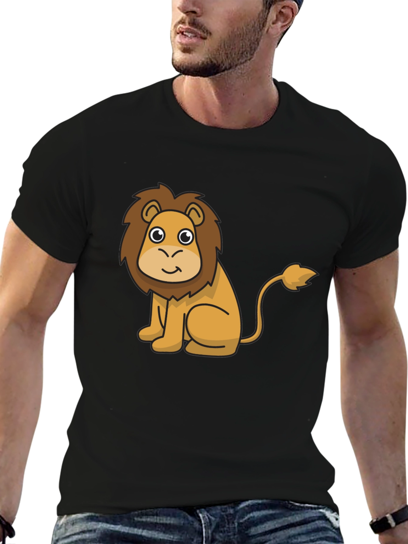 Cute Lion Cartoon Graphic Print Black T-Shirt