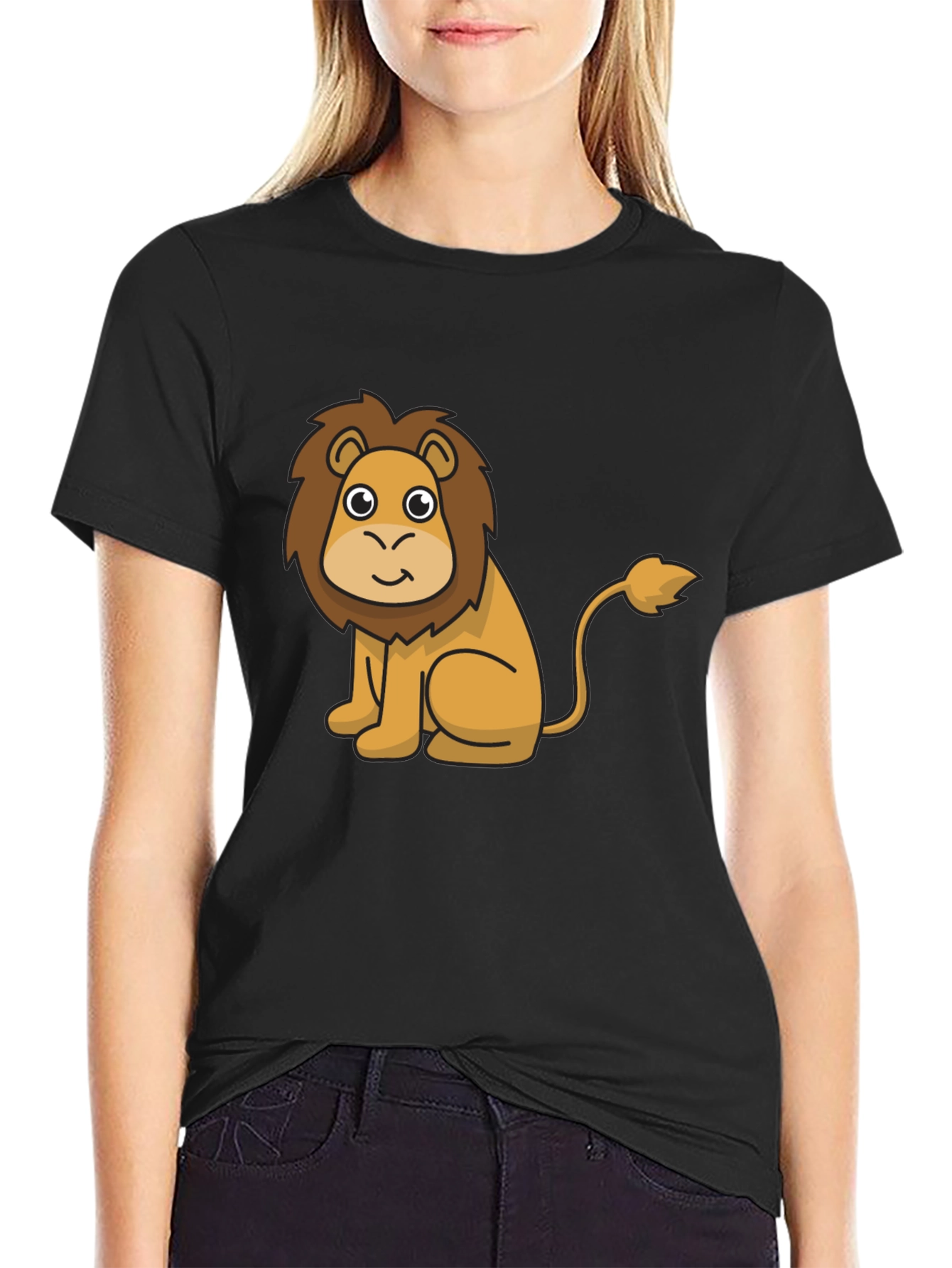 Cute Lion Cartoon Graphic Print Black T-Shirt