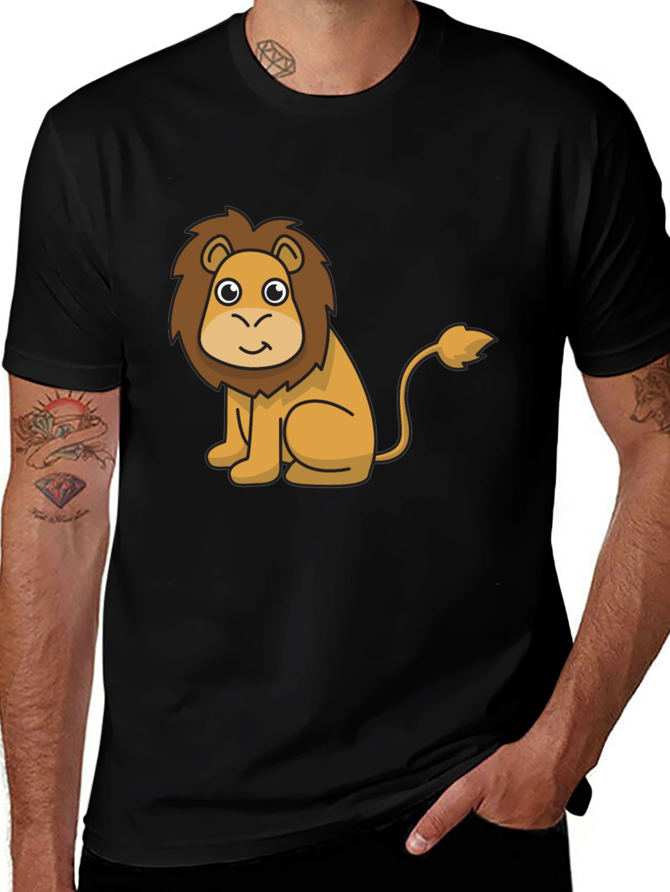 Cute Lion Cartoon Graphic Print Black T-Shirt