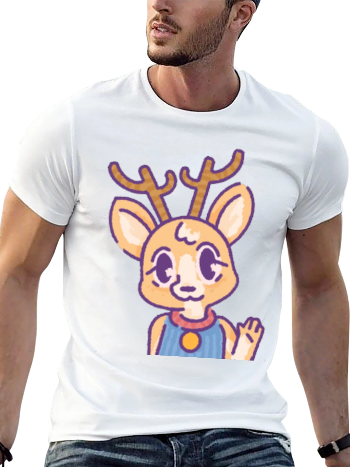 Cute Deer Cartoon Graphic Black T-Shirt