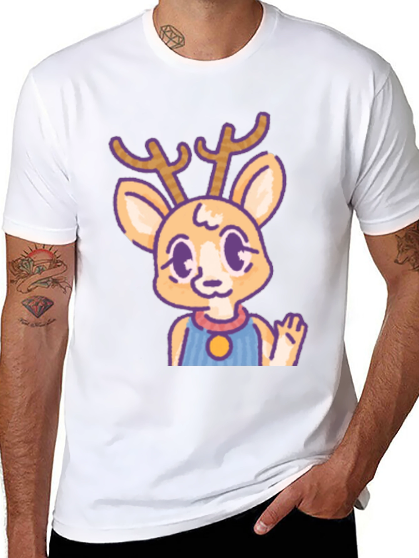 Cute Deer Cartoon Graphic Black T-Shirt