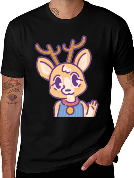 Cute Deer Cartoon Graphic Black T-Shirt