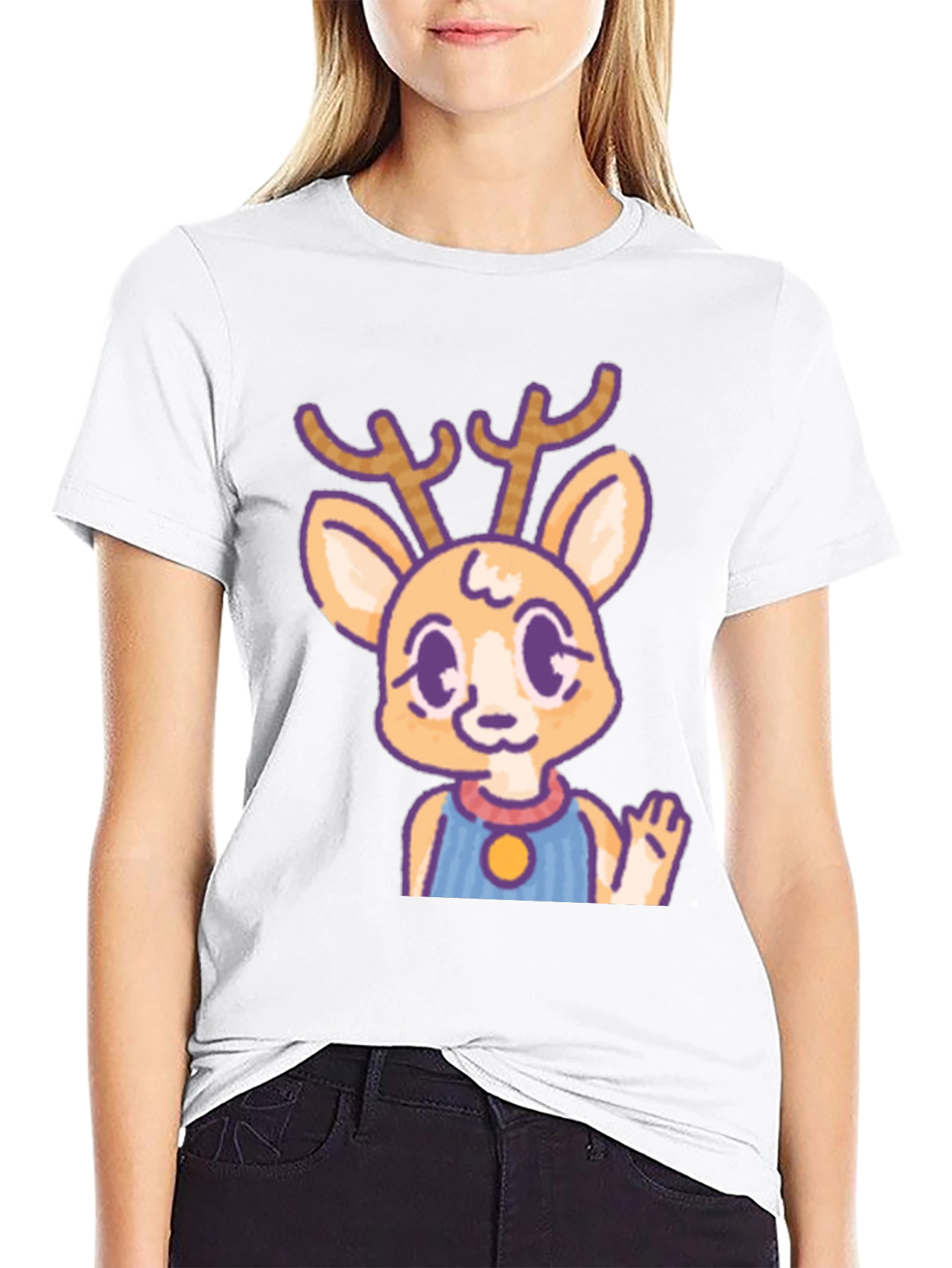 Cute Deer Cartoon Graphic Black T-Shirt