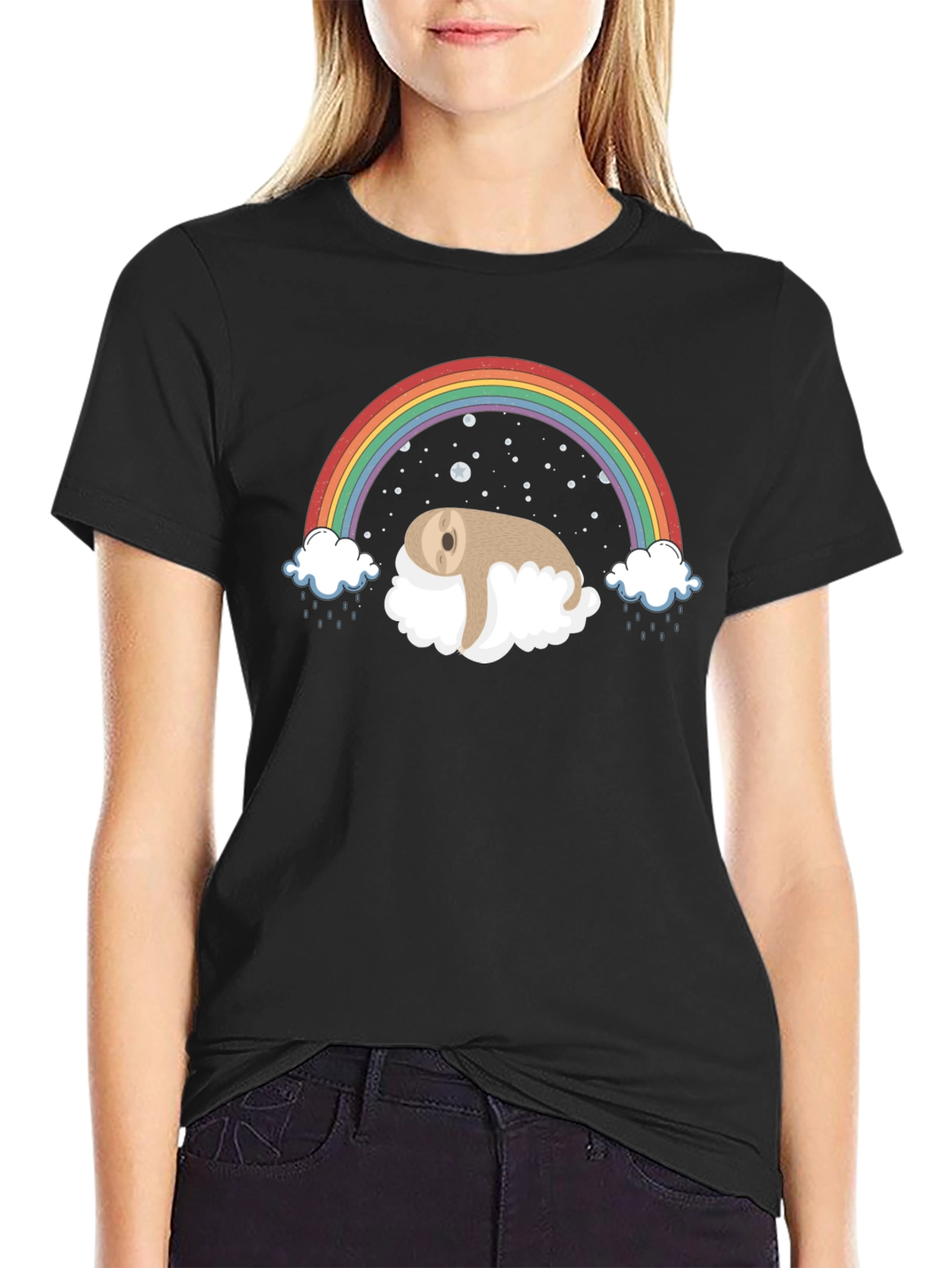 Sloth Rainbow Cloud Black T-Shirt