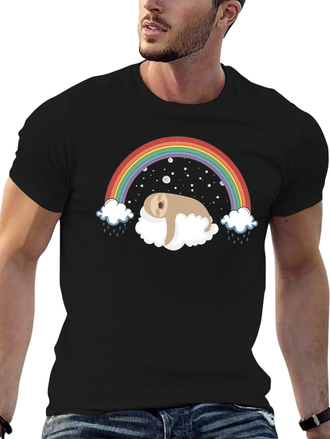 Sloth Rainbow Cloud Black T-Shirt