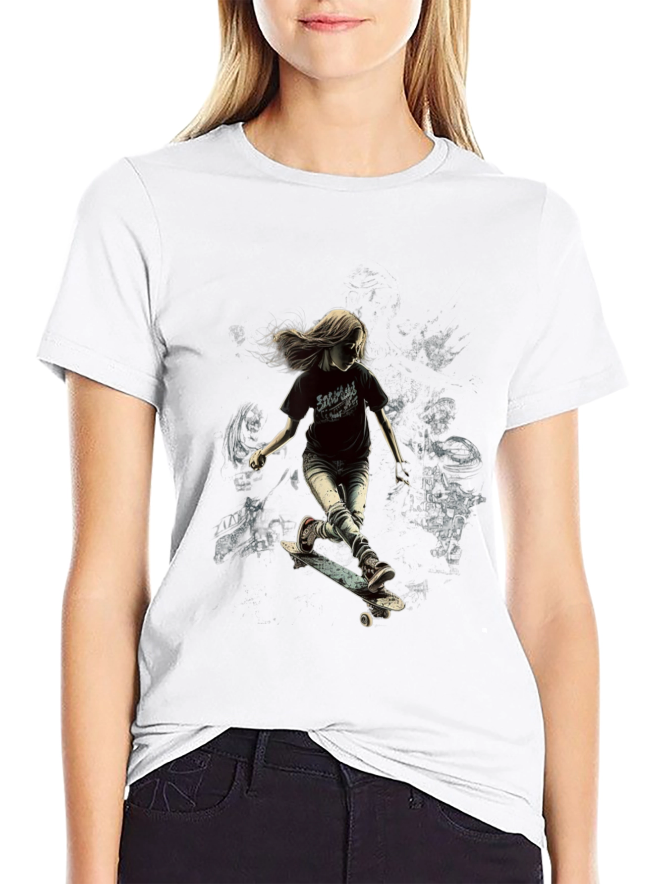Skateboarding Girl Black T-Shirt