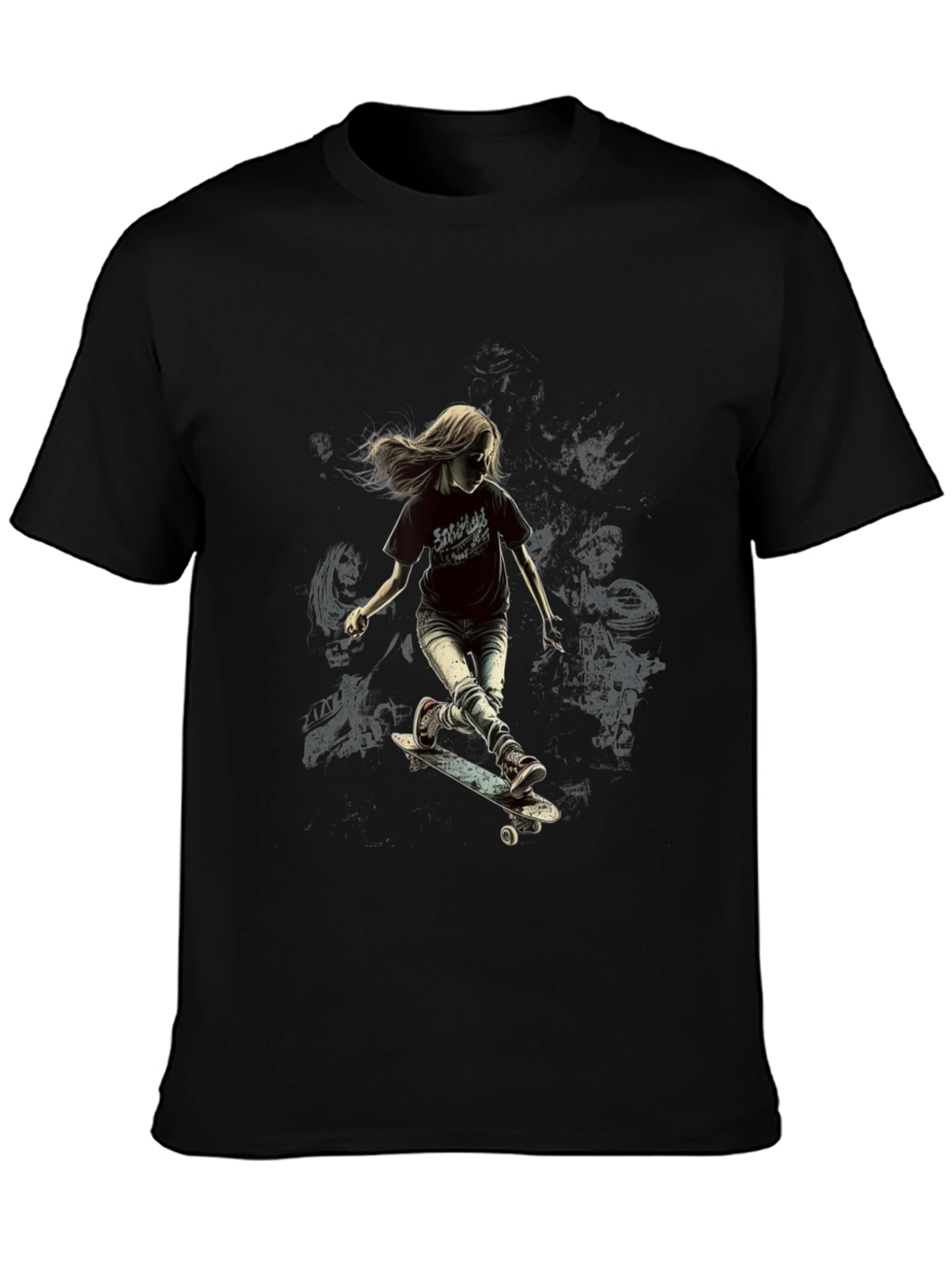 Skateboarding Girl Black T-Shirt