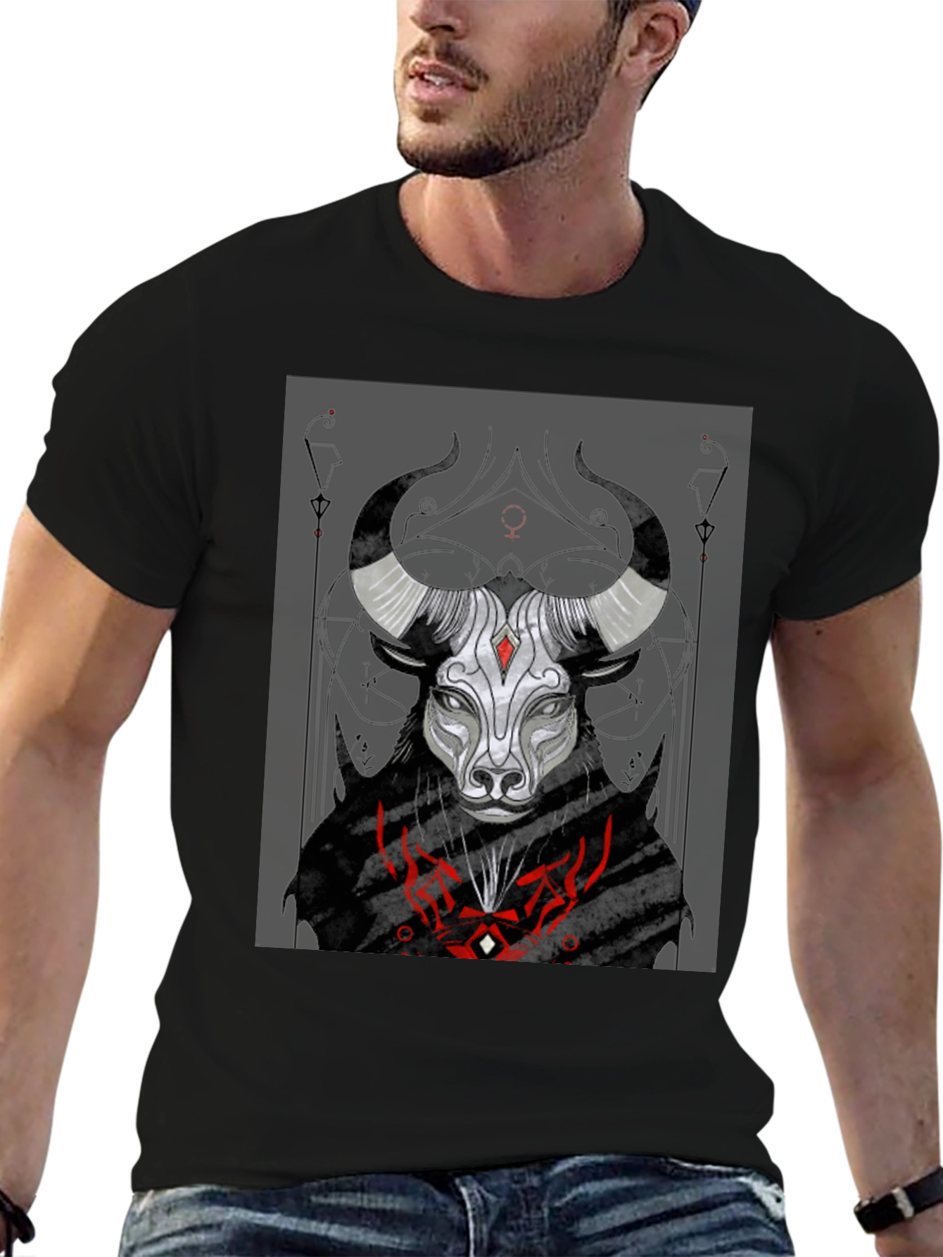 Black Graphic Tee: Bull Zodiac Design