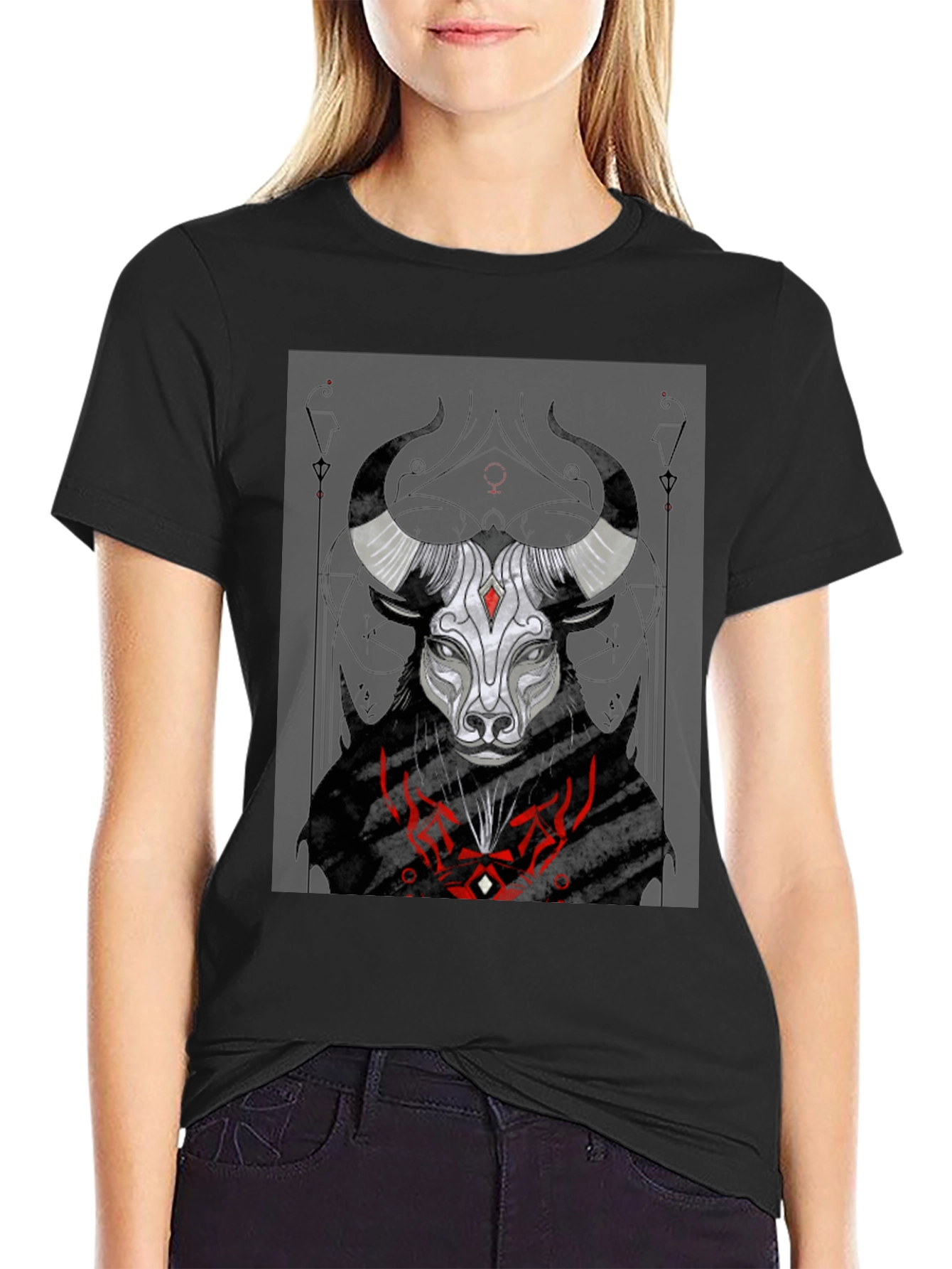 Black Graphic Tee: Bull Zodiac Design