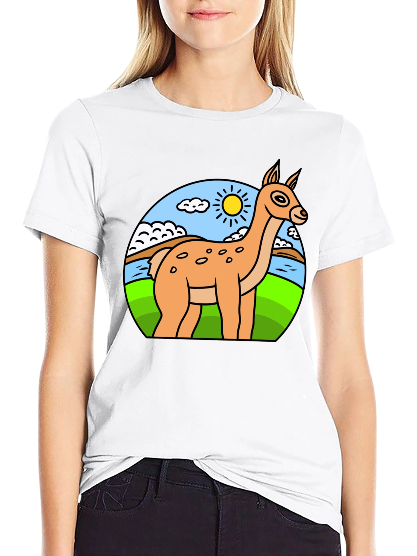 Cartoon Llama Graphic Tee - Black Cotton Blend