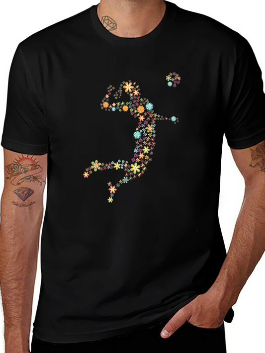 Floral Volleyball Player Graphic Tee - Black Cotton Shirt
