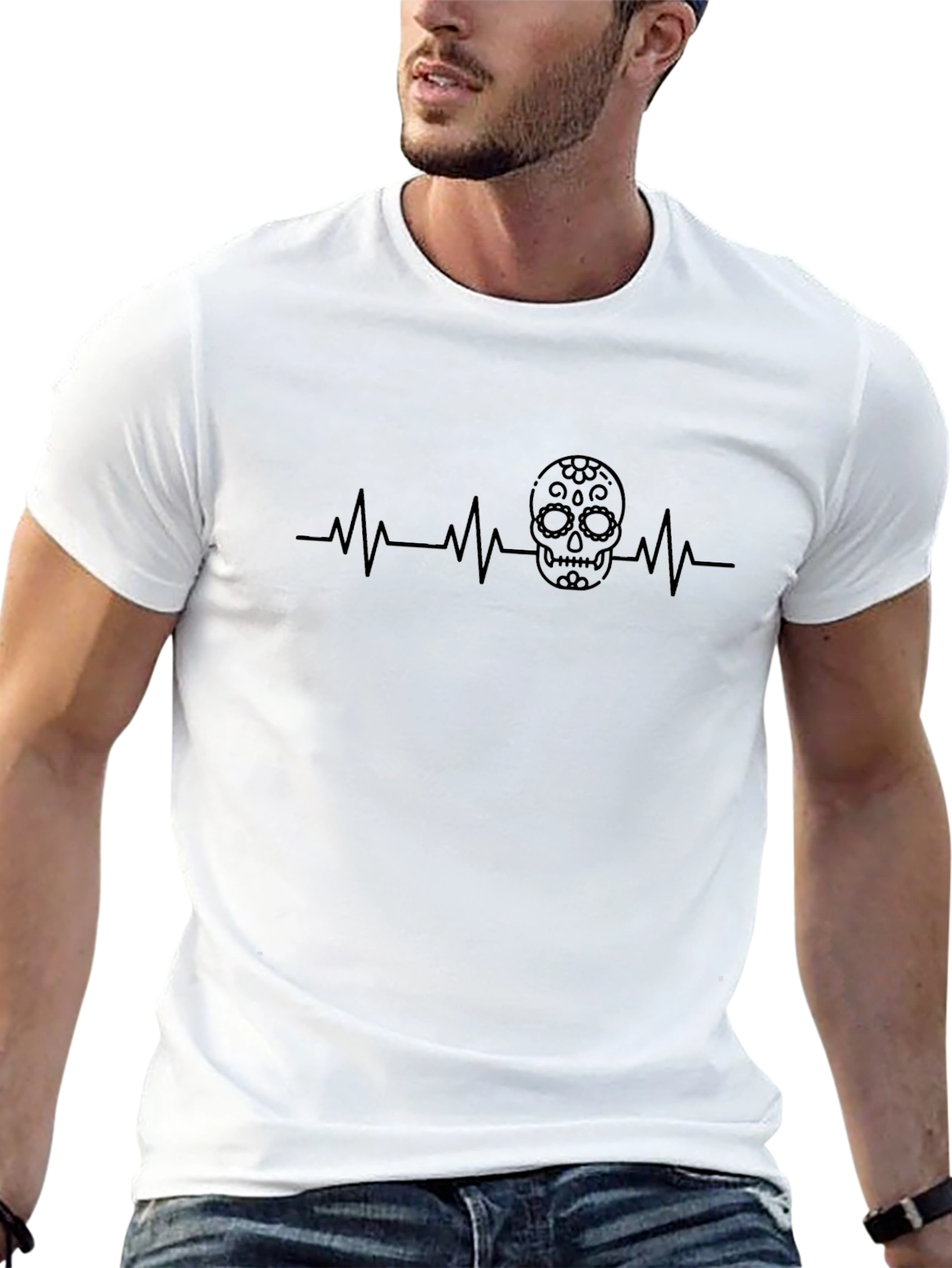 Skull Heartbeat Graphic Tee - Stylish Mens Black T-Shirt