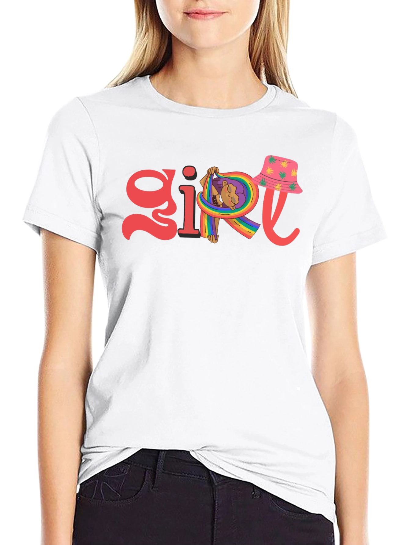 Girl Rainbow Graphic Tee - Black Cotton Blend