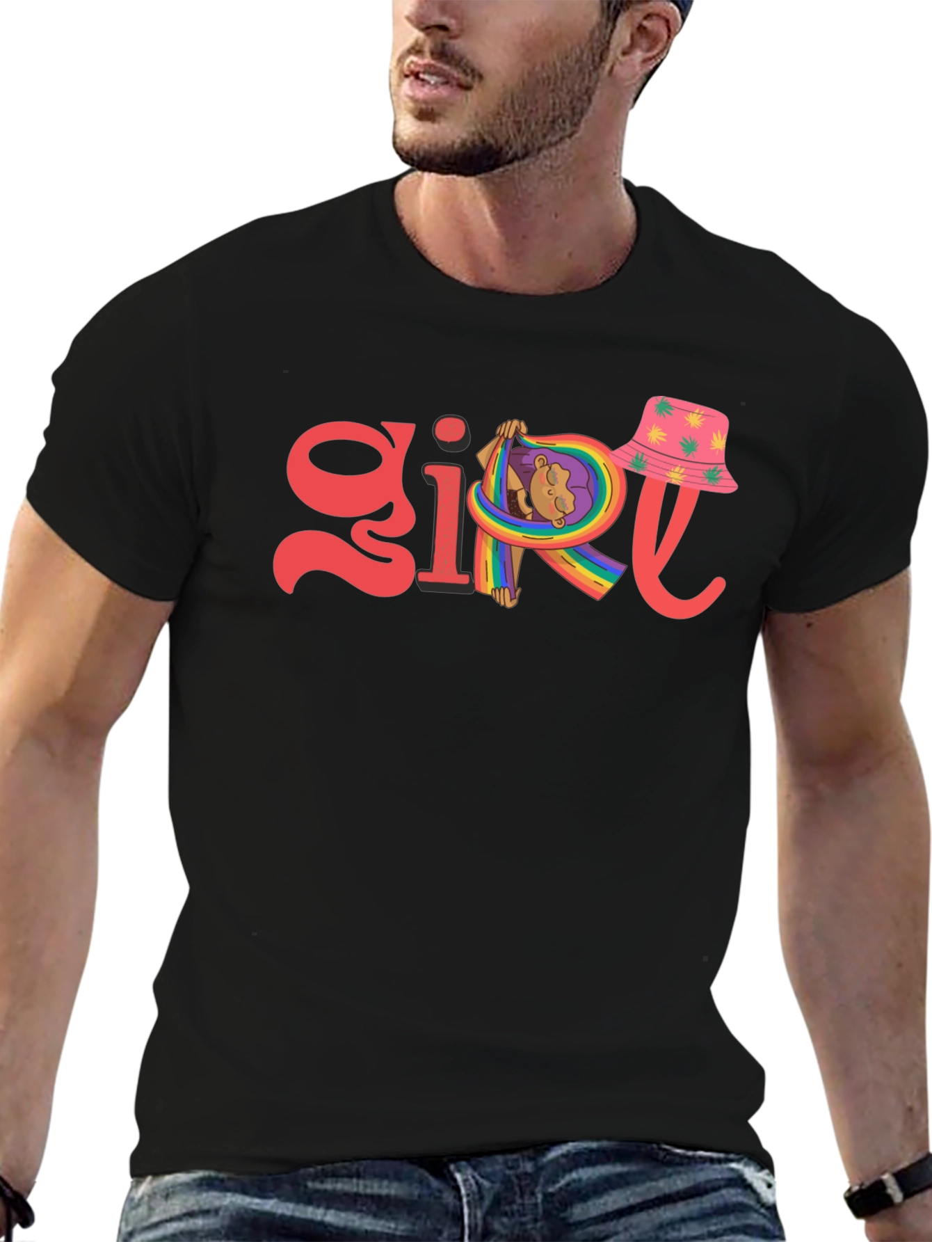 Girl Rainbow Graphic Tee - Black Cotton Blend