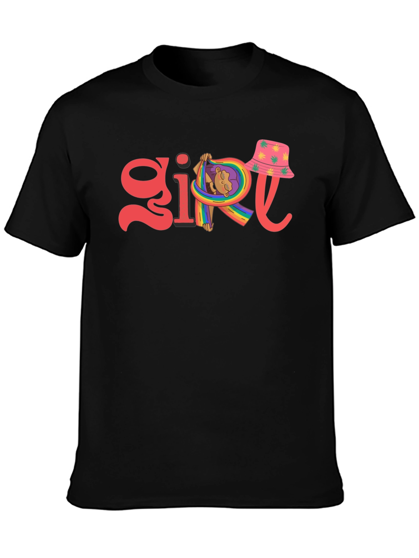 Girl Rainbow Graphic Tee - Black Cotton Blend
