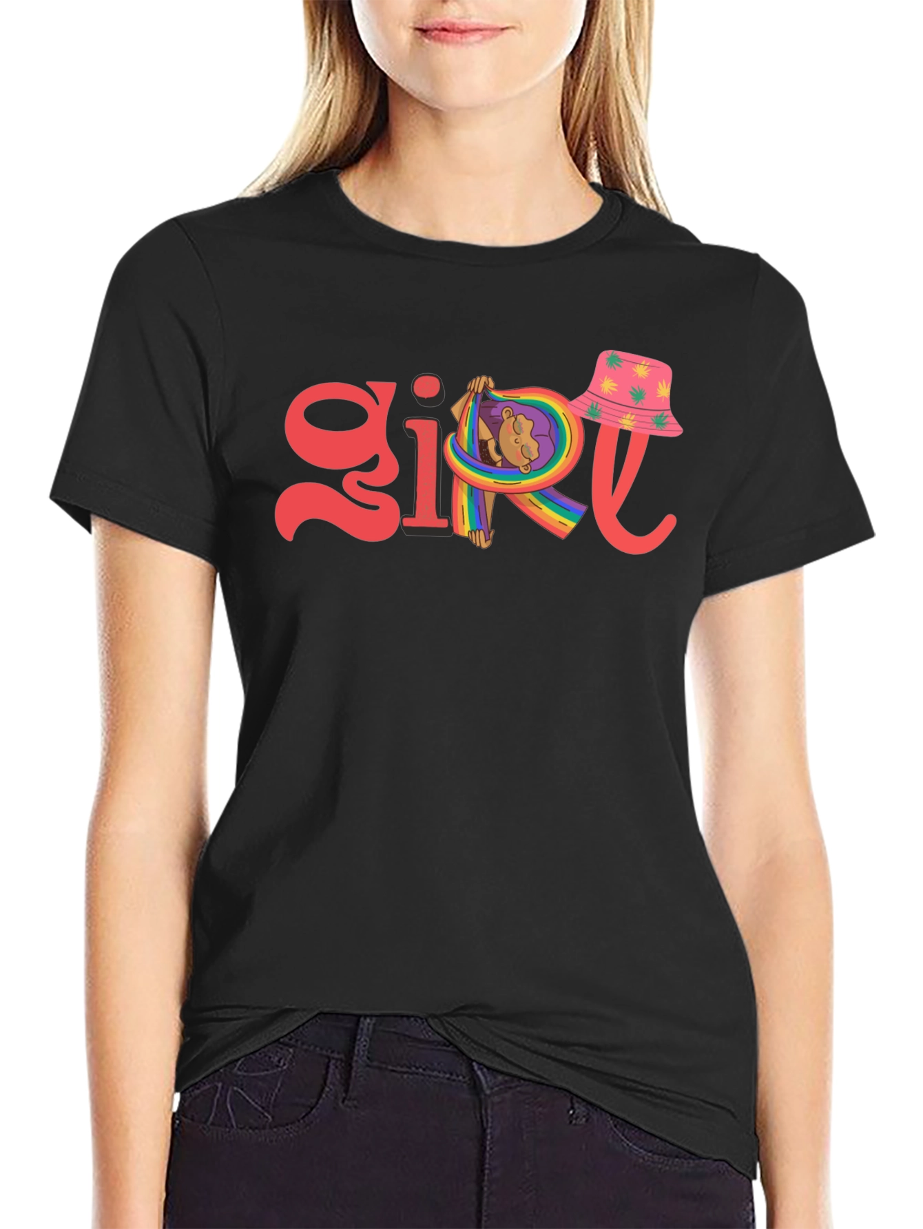 Girl Rainbow Graphic Tee - Black Cotton Blend