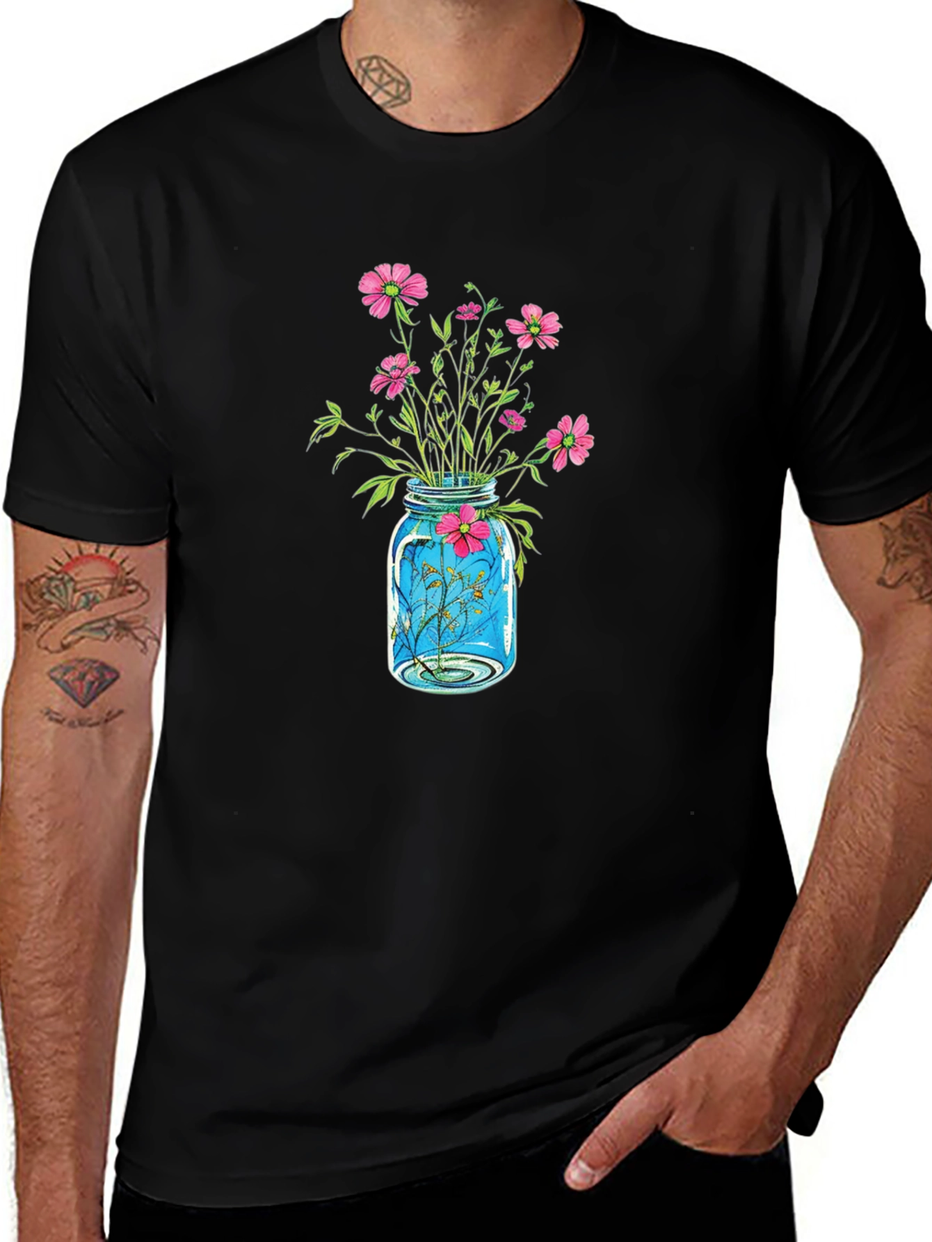 Floral Jar Graphic Tee - Black Casual Shirt