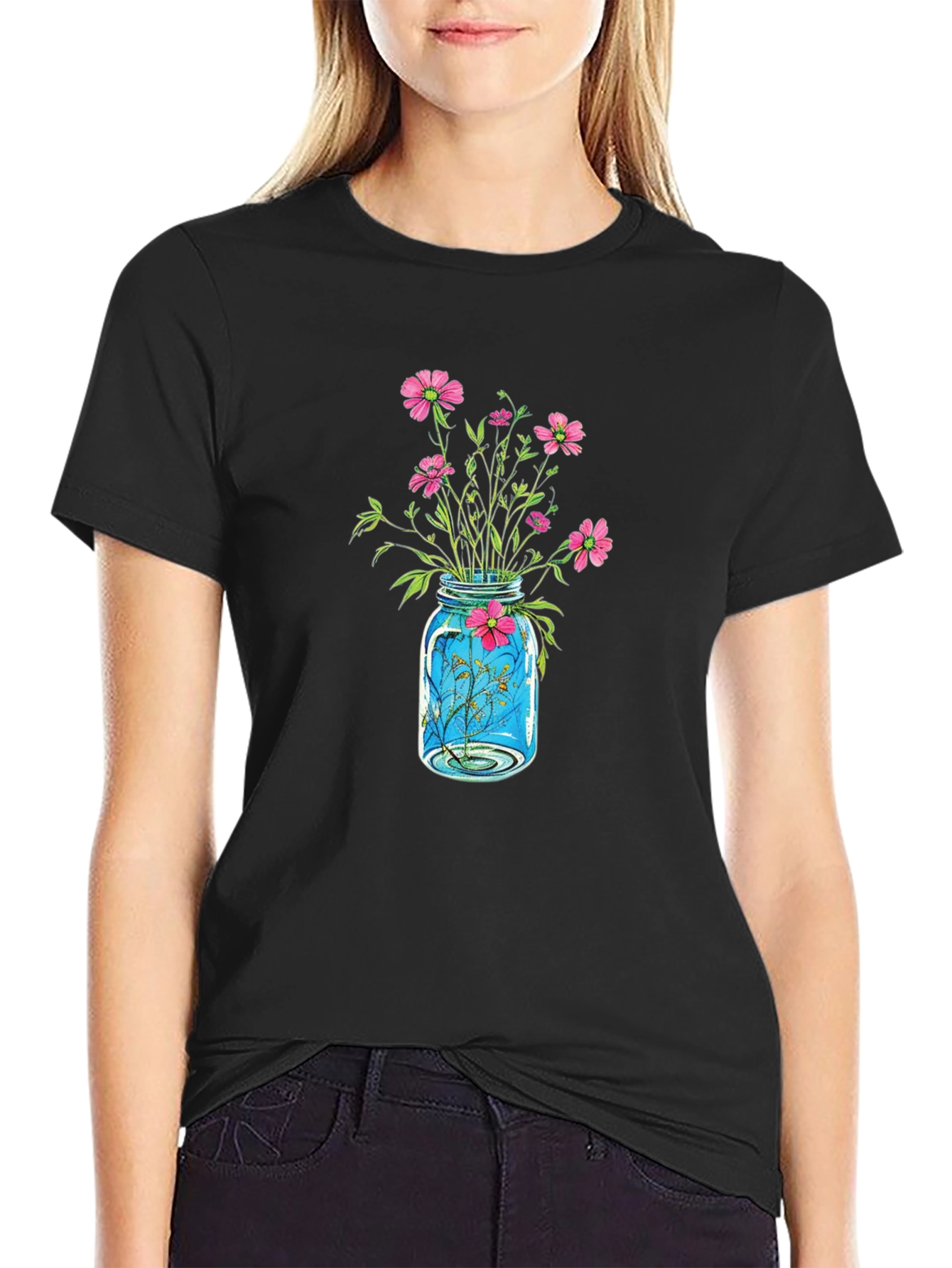 Floral Jar Graphic Tee - Black Casual Shirt