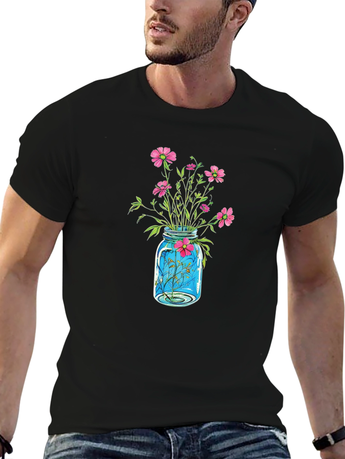 Floral Jar Graphic Tee - Black Casual Shirt