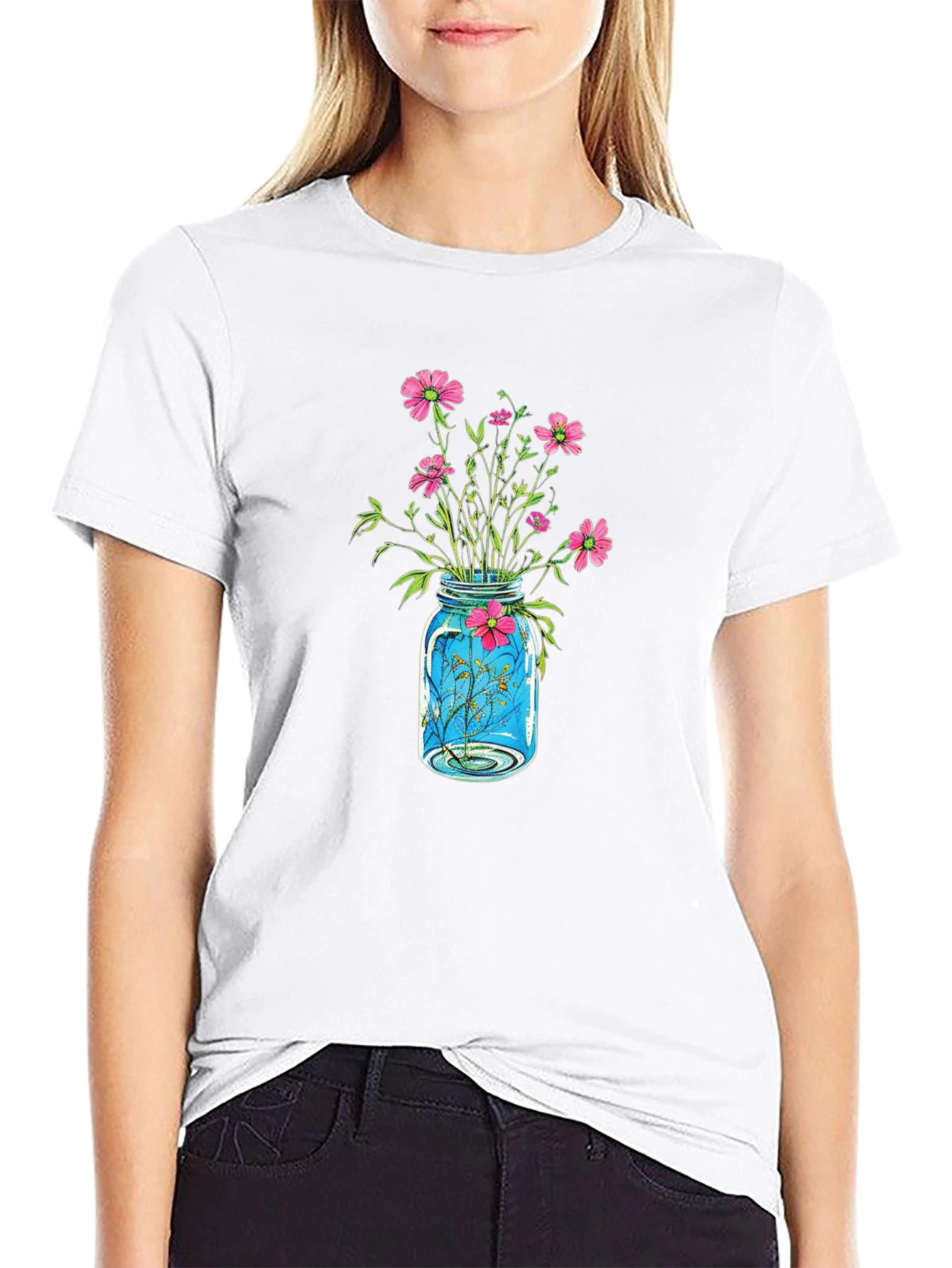 Floral Jar Graphic Tee - Black Casual Shirt
