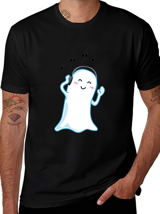 Cute Ghost with Headphones Black T-Shirt
