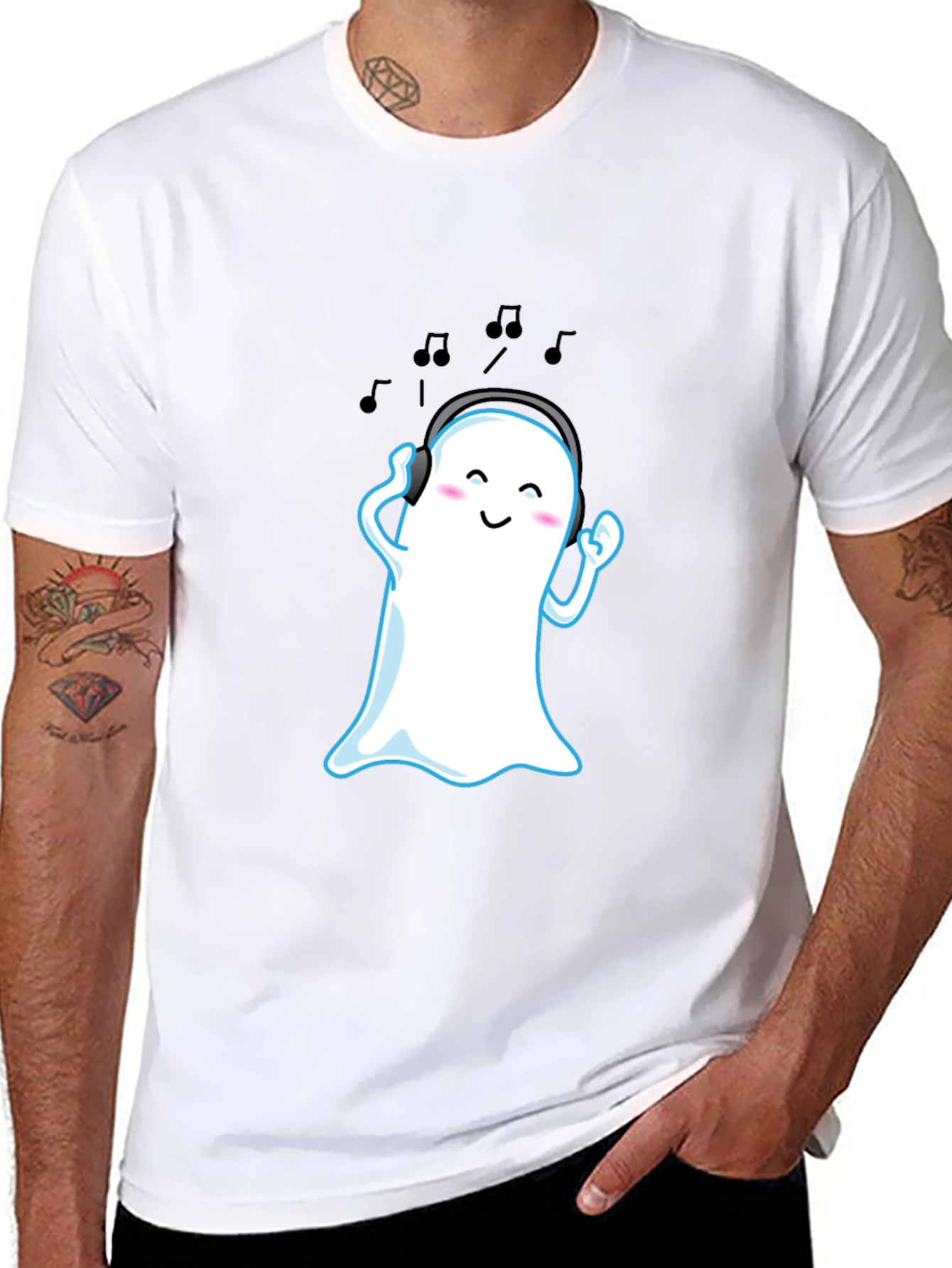 Cute Ghost with Headphones Black T-Shirt