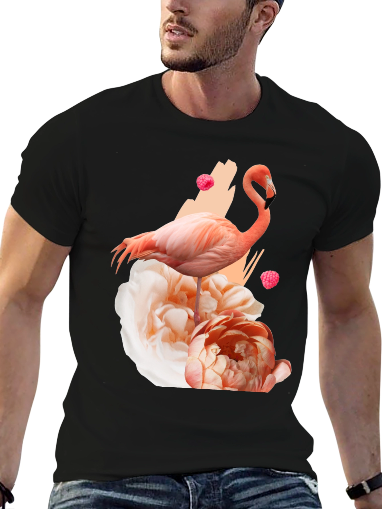 Flamingo Floral Graphic Black T-Shirt