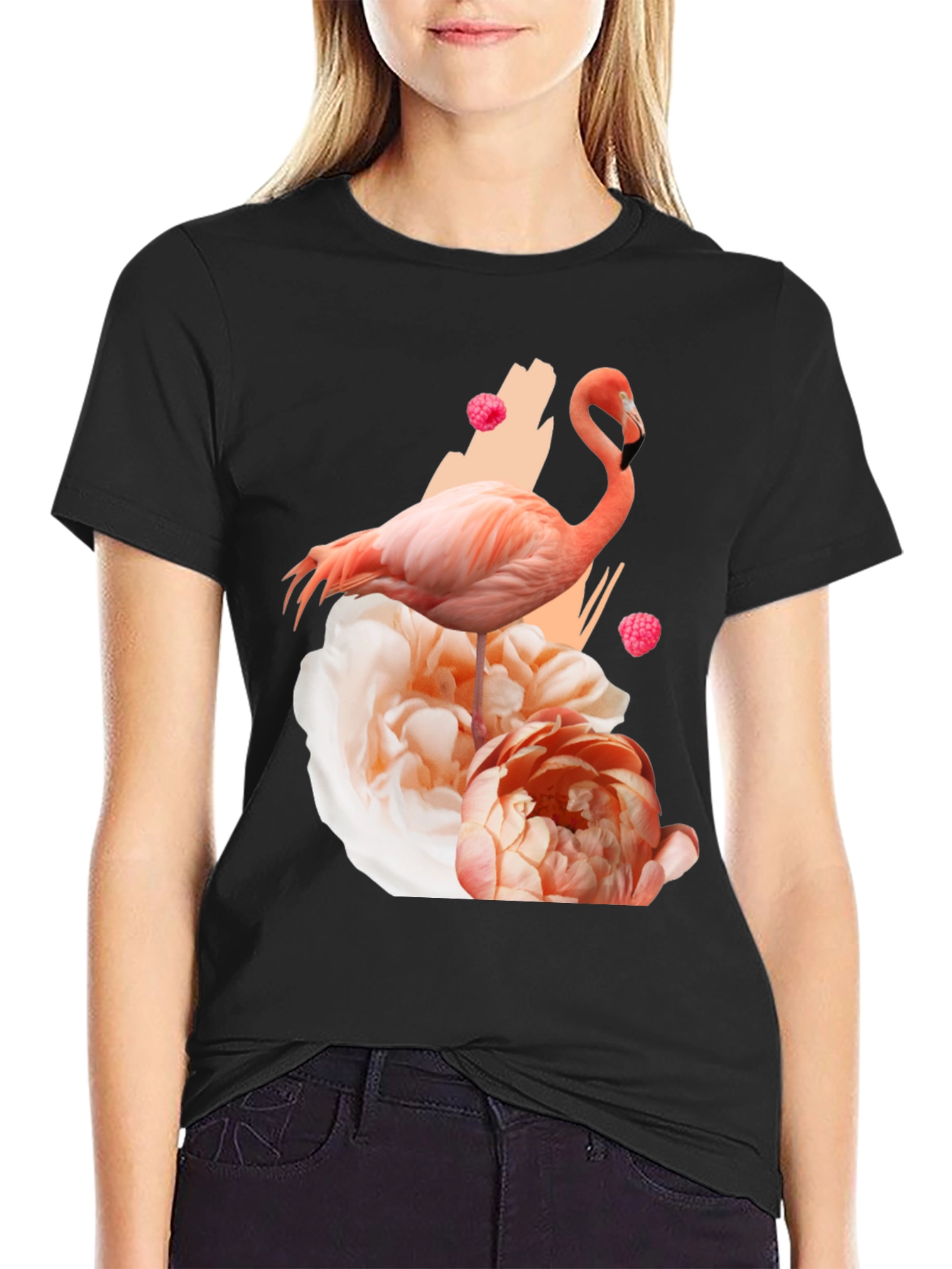 Flamingo Floral Graphic Black T-Shirt