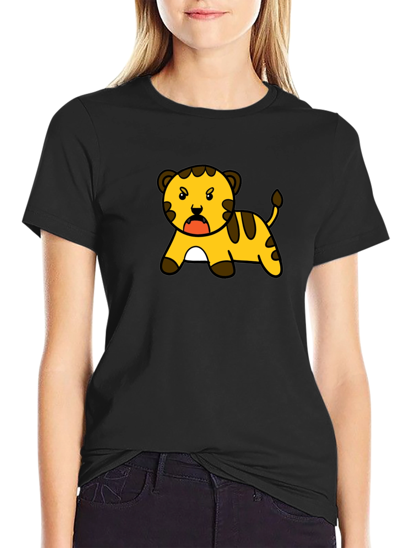Cartoon Tiger Graphic Tee - Black T-Shirt