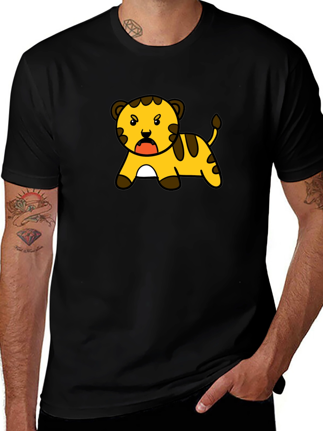 Cartoon Tiger Graphic Tee - Black T-Shirt