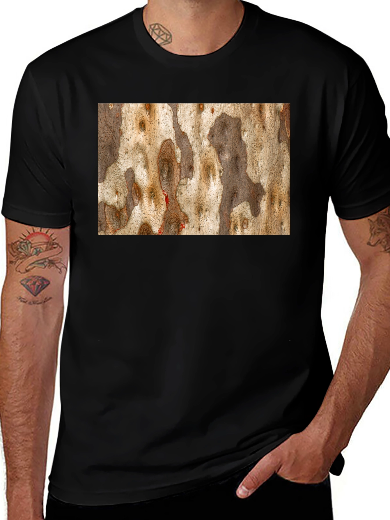 Unique Tree Bark Print Black T-Shirt