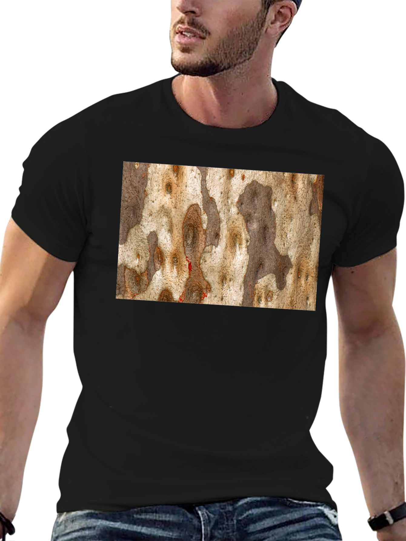 Unique Tree Bark Print Black T-Shirt