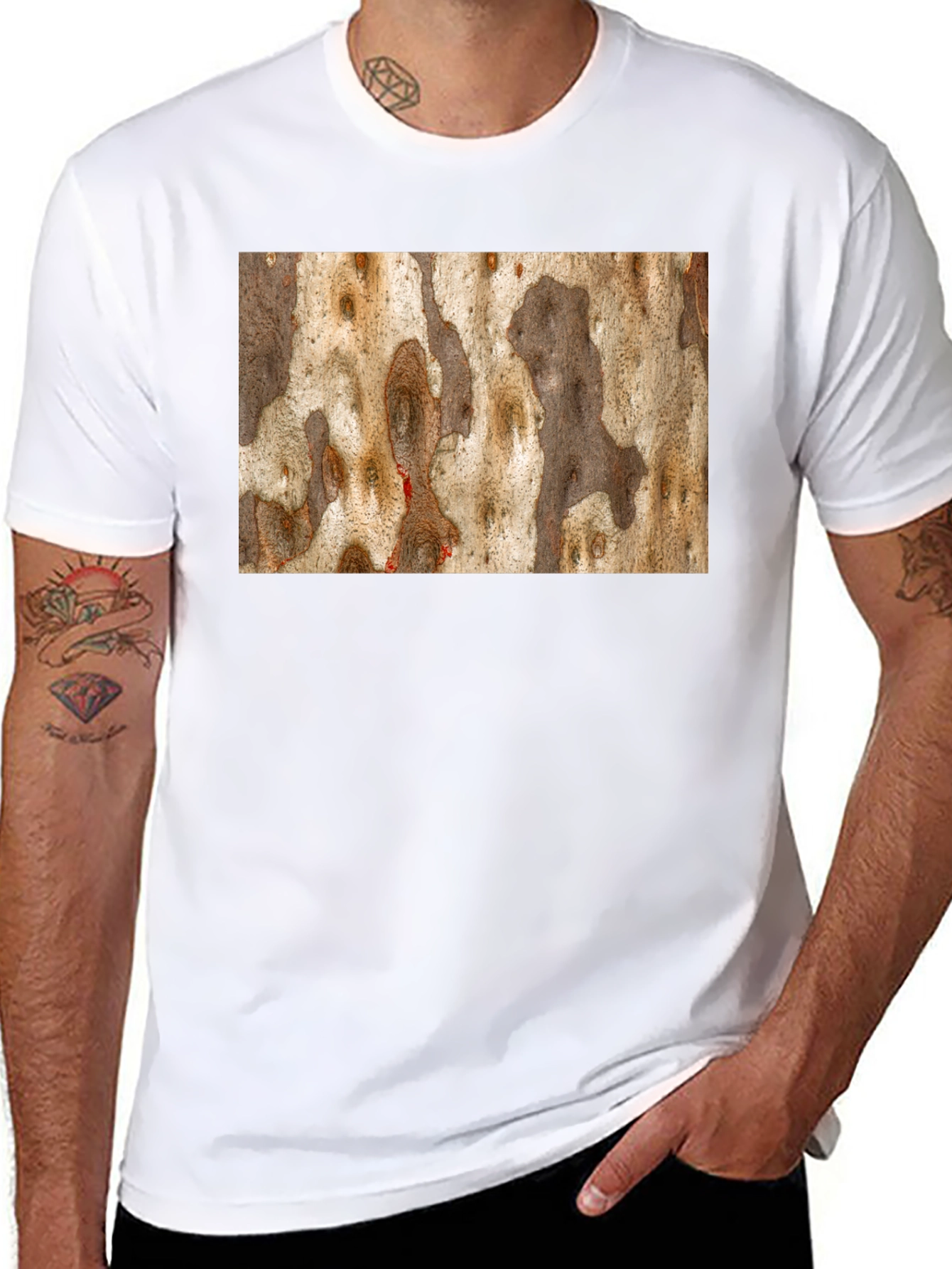 Unique Tree Bark Print Black T-Shirt