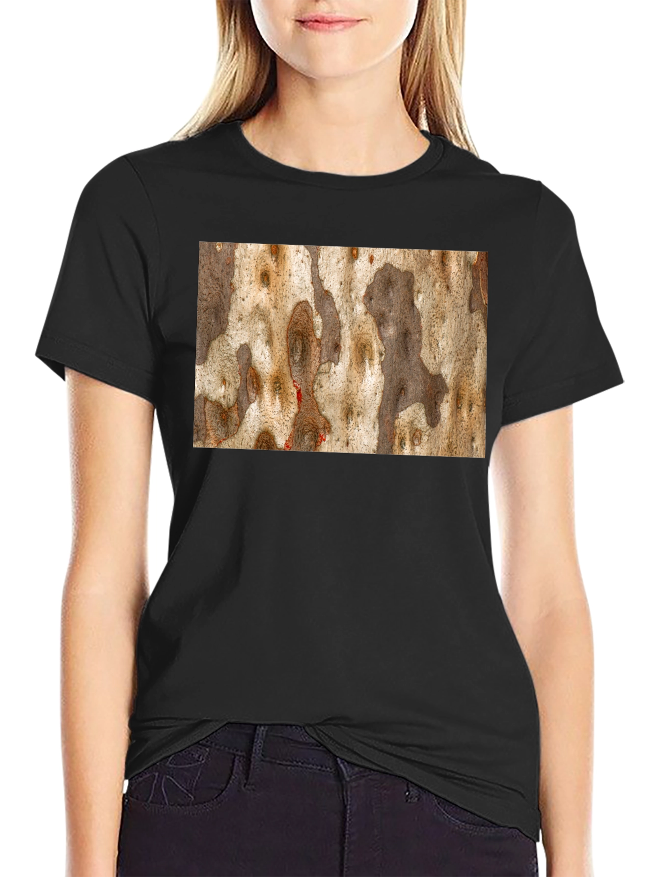 Unique Tree Bark Print Black T-Shirt