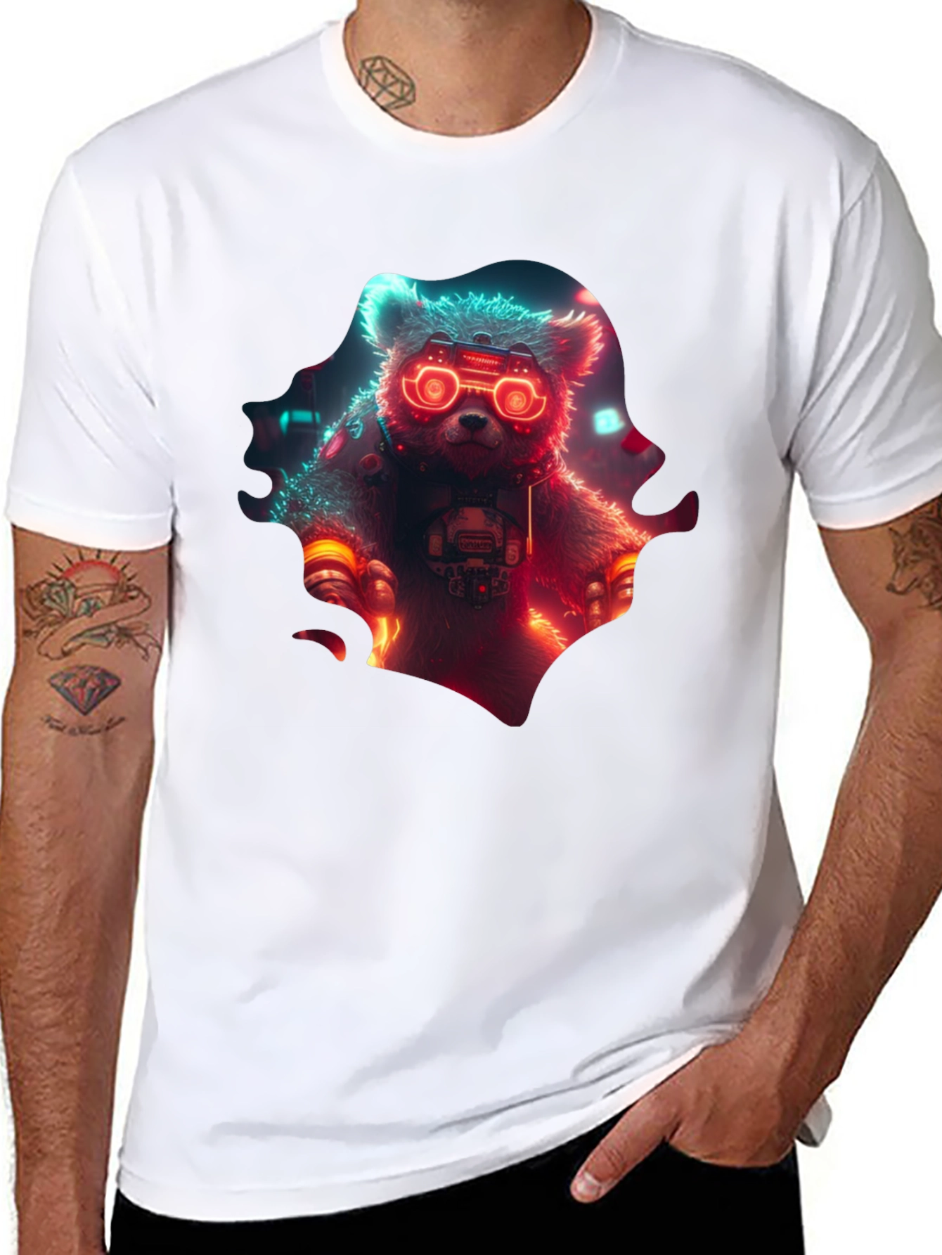 Cyberpunk Bear Graphic T-Shirt - Cool Neon Design