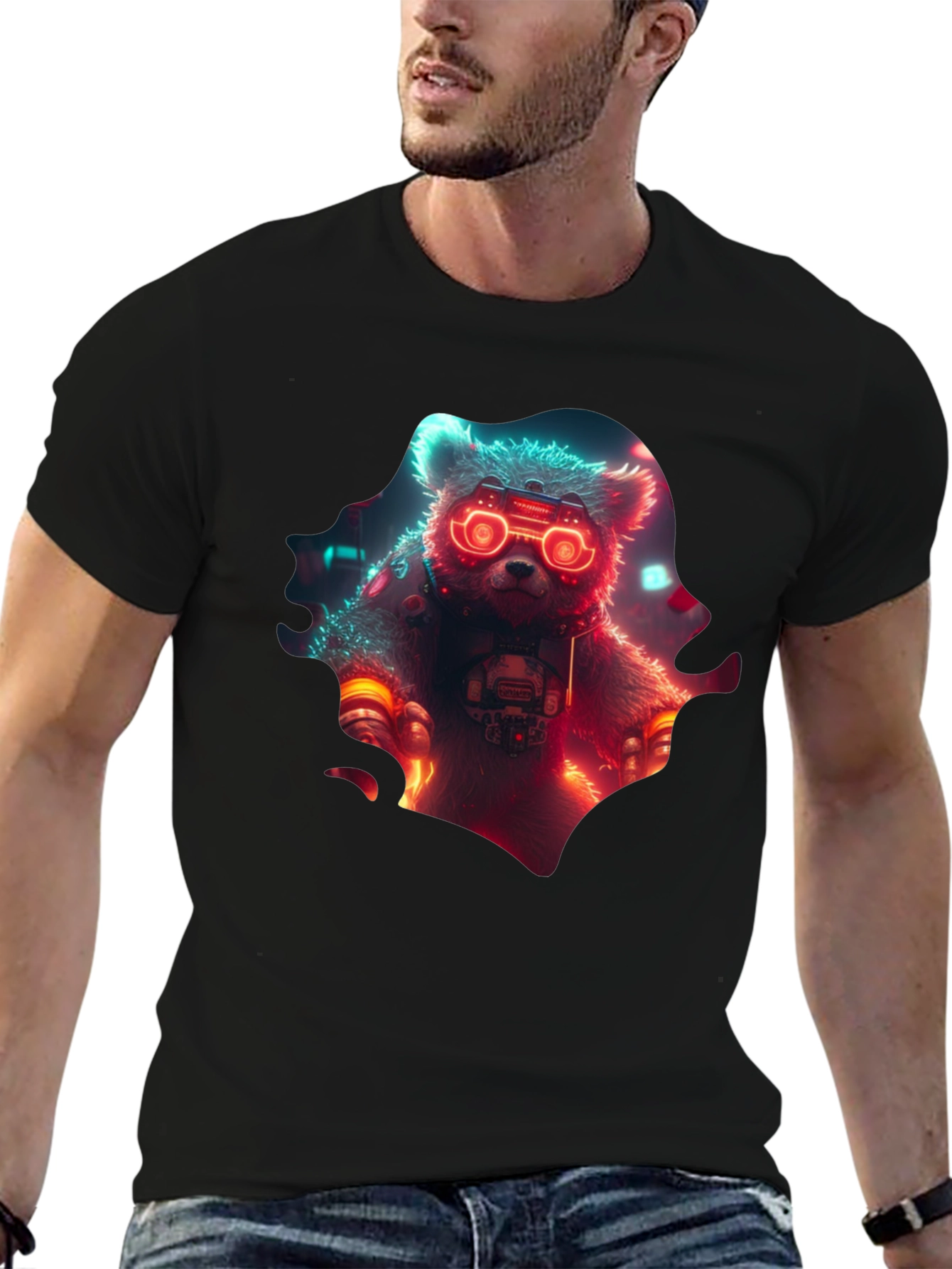 Cyberpunk Bear Graphic T-Shirt - Cool Neon Design
