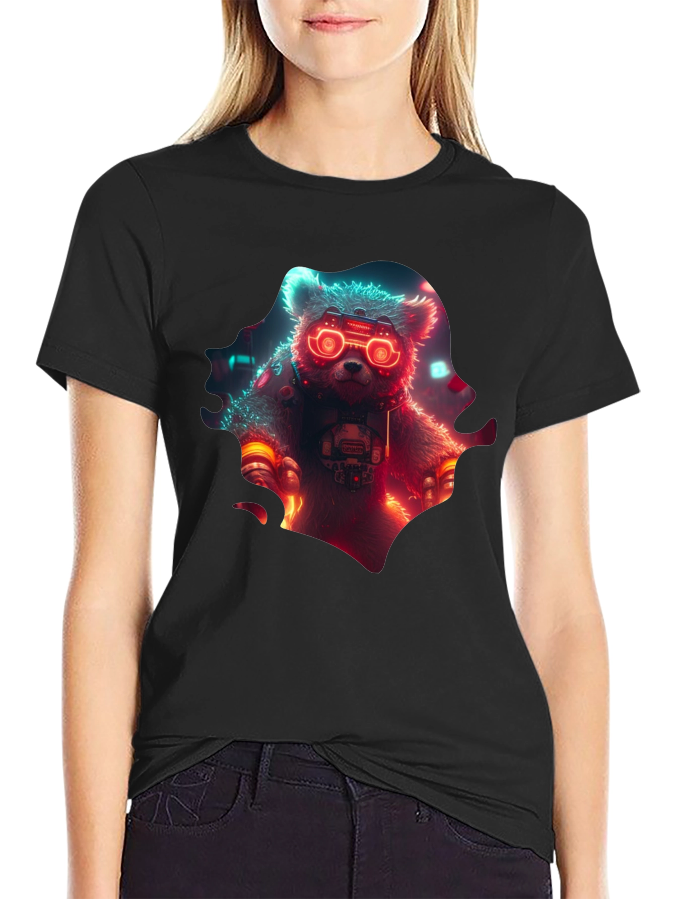 Cyberpunk Bear Graphic T-Shirt - Cool Neon Design