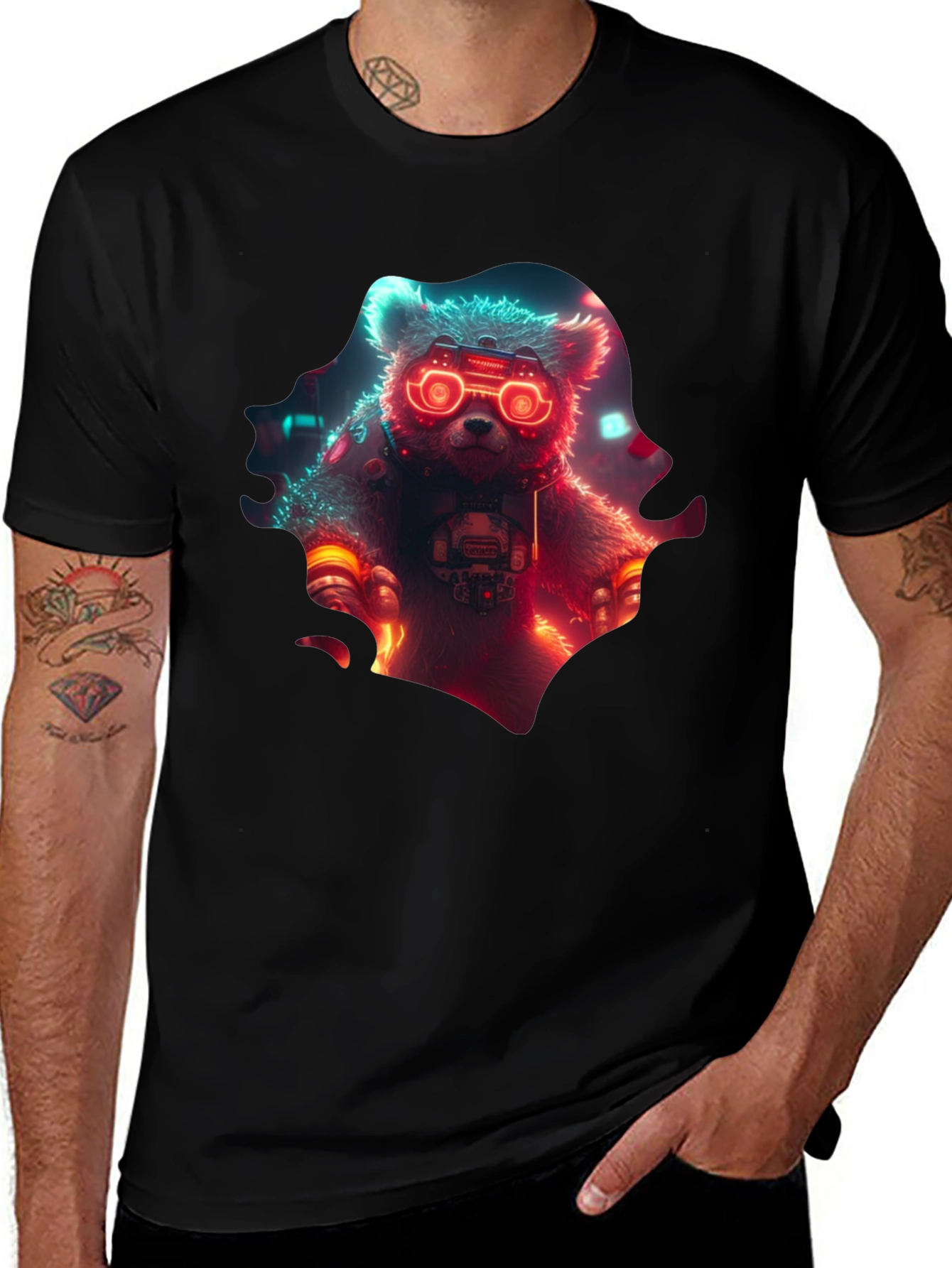 Cyberpunk Bear Graphic T-Shirt - Cool Neon Design