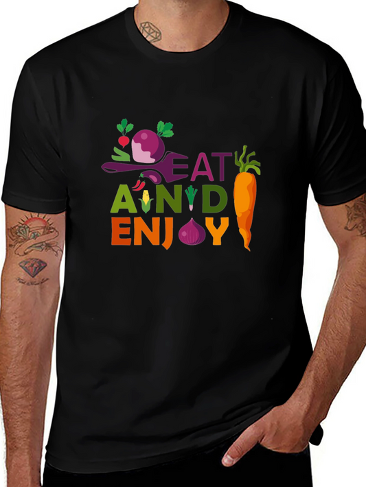 Eat and Enjoy Graphic Tee - Vegetable Theme Black T-Shirt
