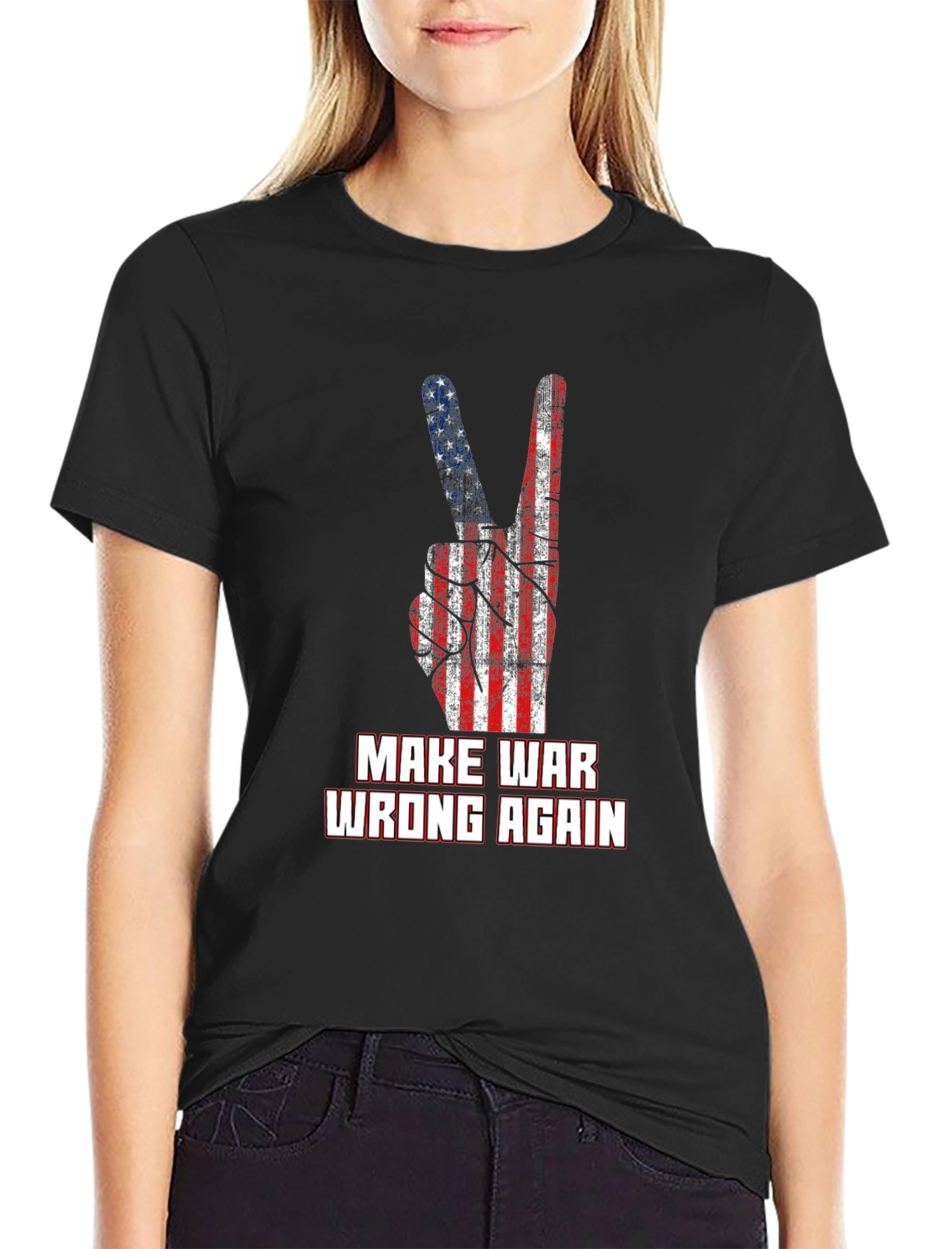 Make War Wrong Again T-Shirt Peace Sign USA Flag