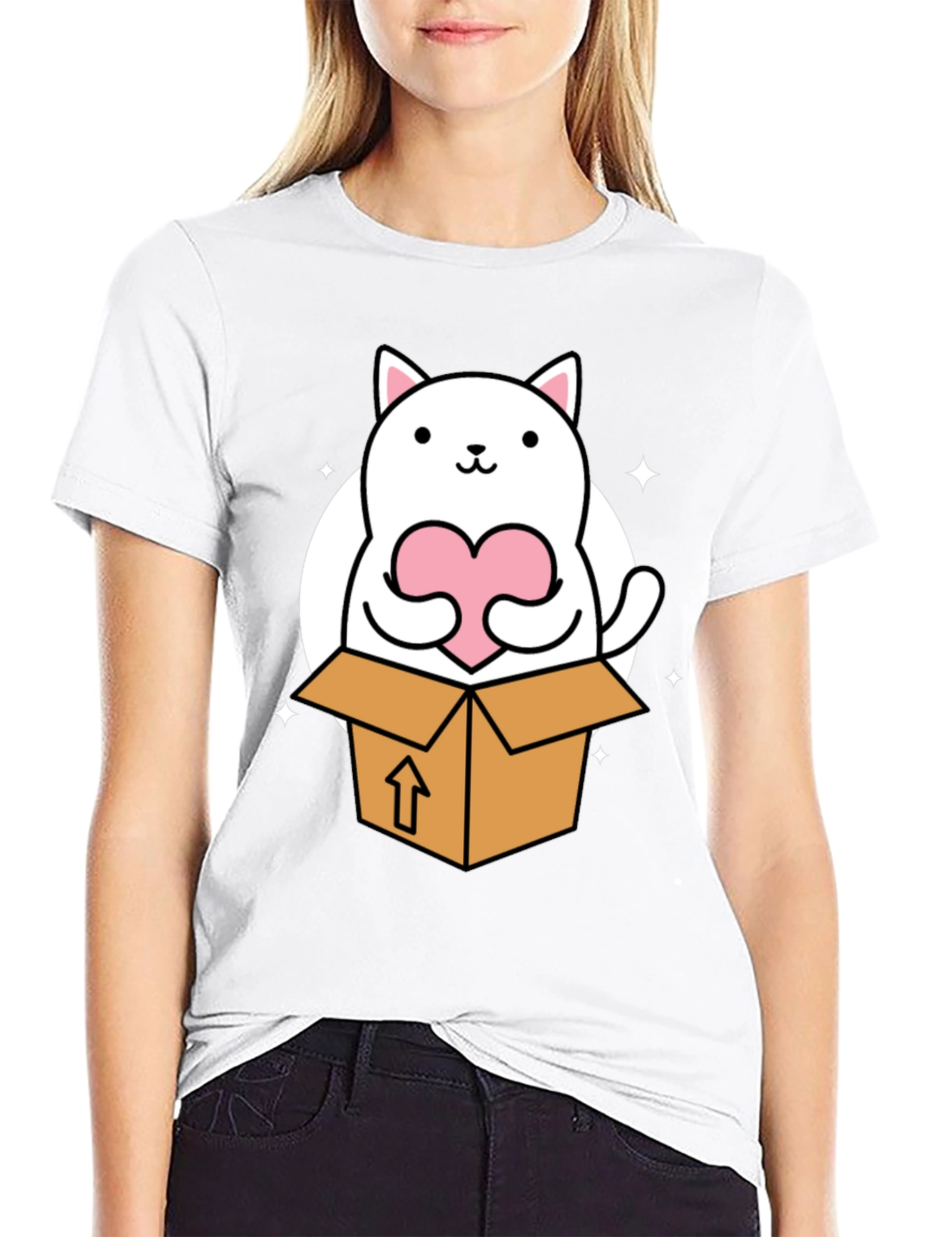 Cute Cat in Box Holding Heart T-Shirt
