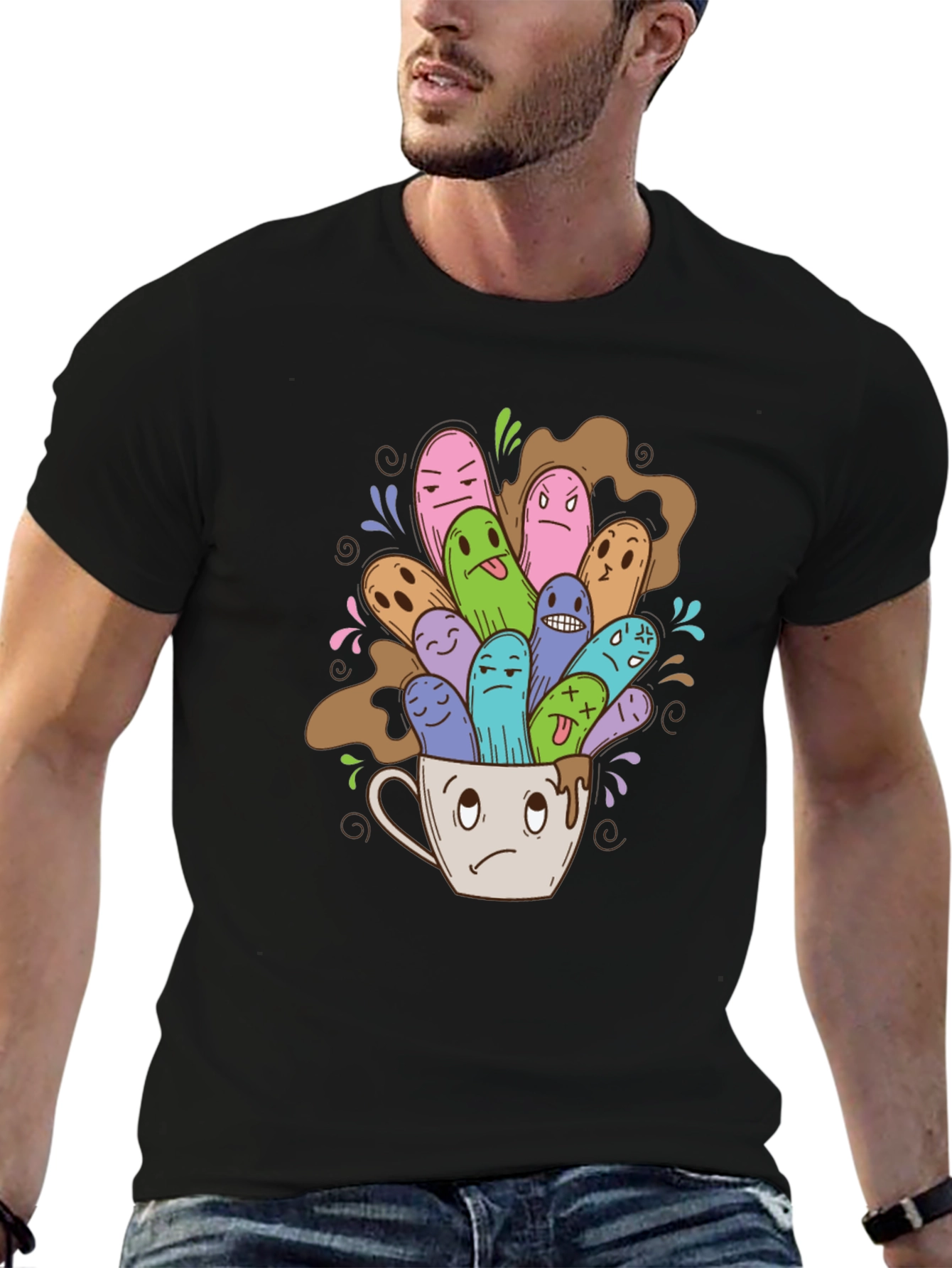 Quirky Coffee Monster Graphic Tee - Black